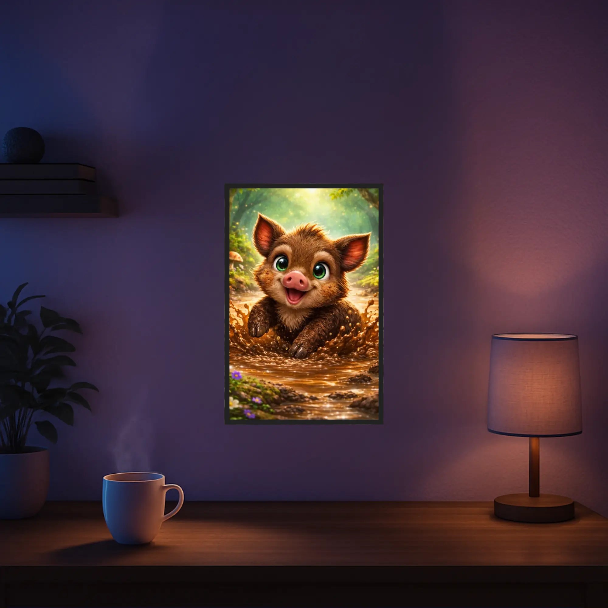 Diamond Painting Set Pfützenglück: Niedliches Wildschweinbaby spielt im Matsch in einer Waldszene