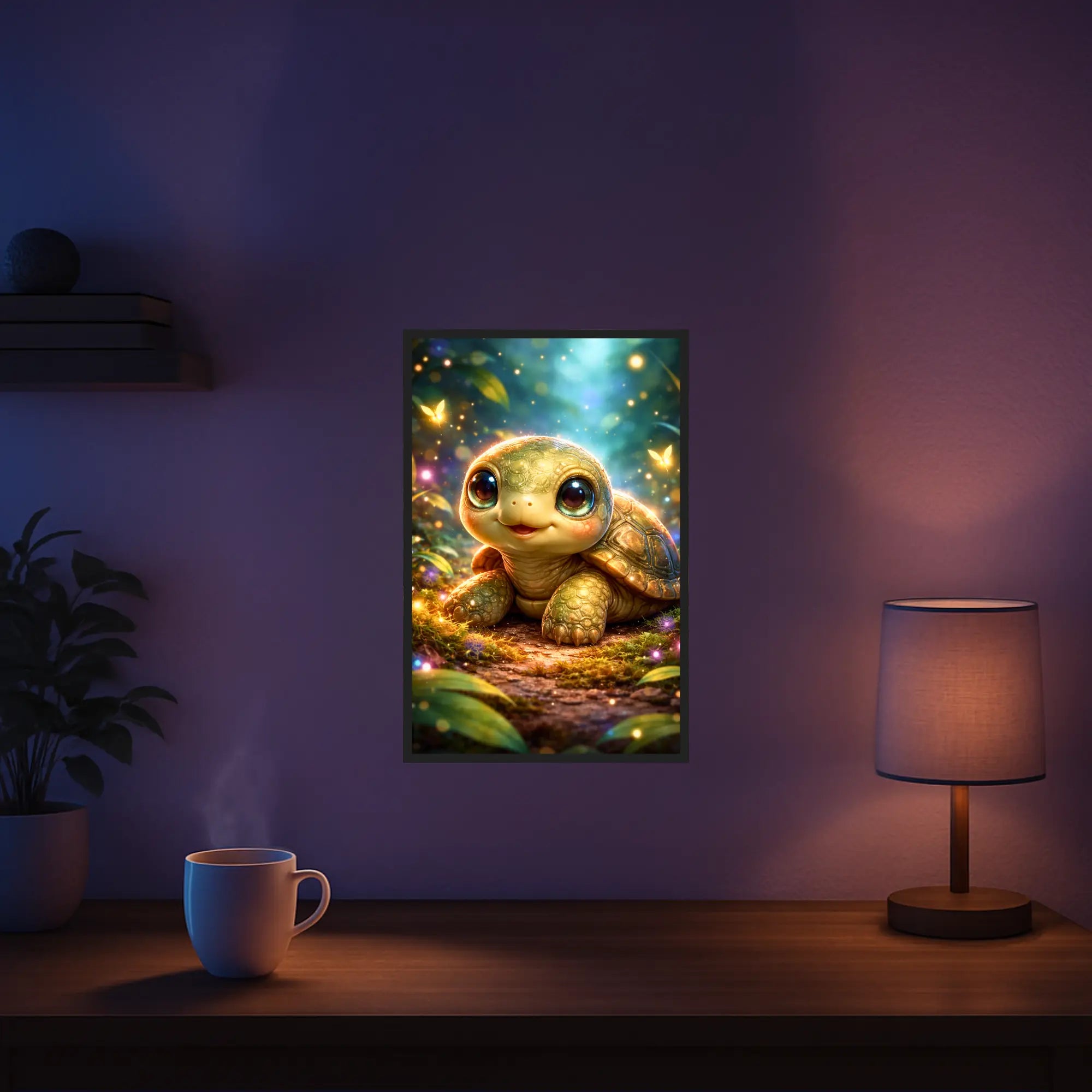 Diamond Painting Set mit niedlicher Baby-Schildkröte im magischen Märchenwald, funkelnde Steinchen auf Leinwand.