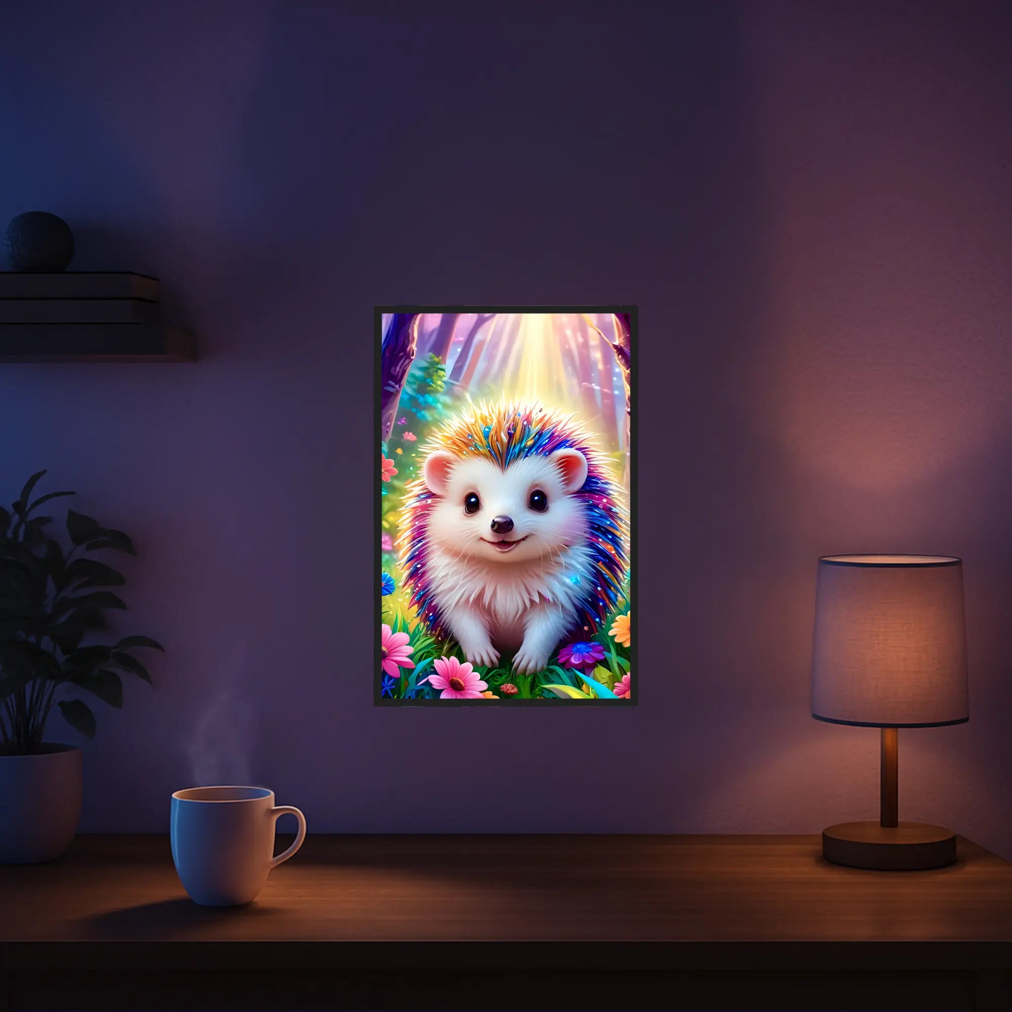 Diamond Painting Set mit buntem Igel Stups im magischen Wald als fertiges Wandbild in einem gemütlichen Wohnzimmer