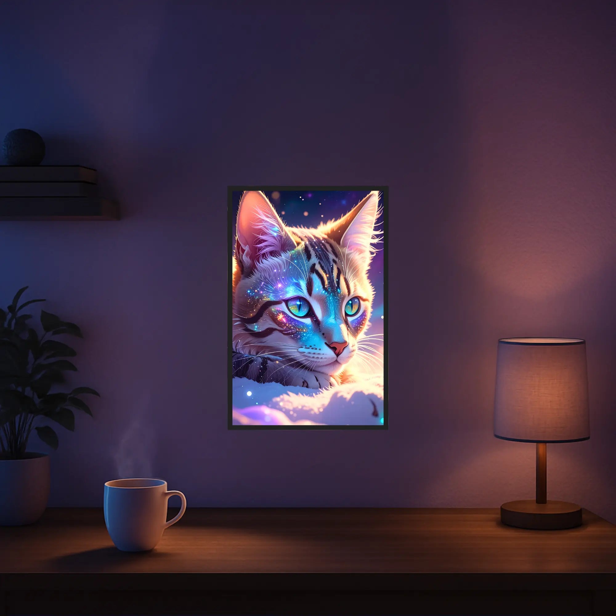 Diamond Painting Set Samtpfote: Getigerte Katze mit leuchtenden Augen und glitzerndem Fell als gerahmtes Wandbild.