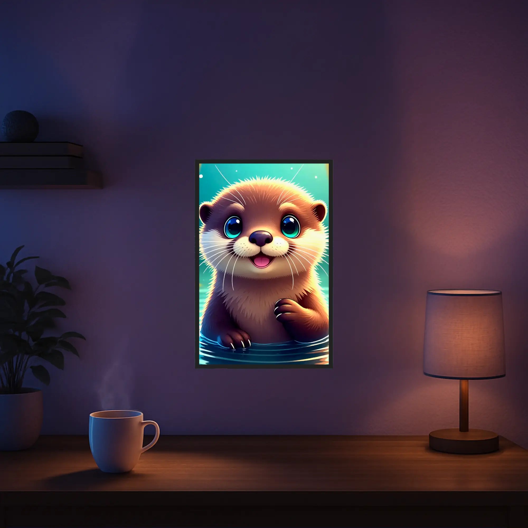 Fertiges Diamond Painting Set mit niedlichem Otterbaby im Wasser mit blauen Augen und glitzerndem Fell als Wanddeko
