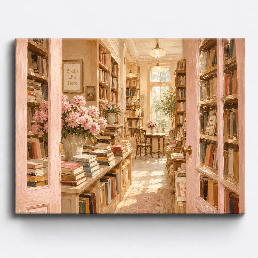 Malen nach Zahlen für Erwachsene Motiv Zwischen tausend Geschichten, gemütliche Bibliothek mit rosa Blumen und Büchern