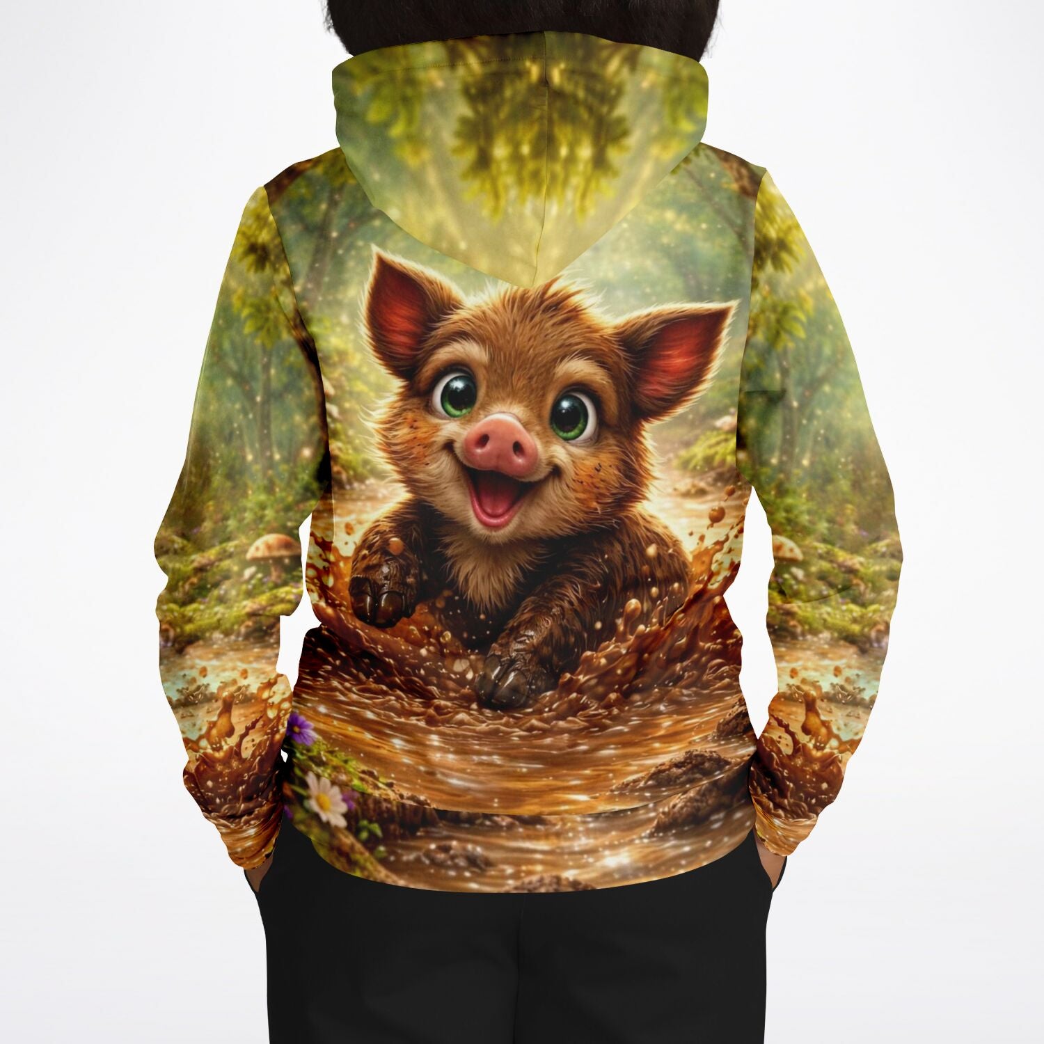 Dreamer Hoodie Pfützenglück mit süßem Wildschwein-Motiv, das stilistisch an unsere beliebten Malen nach Zahlen Sets erinnert.