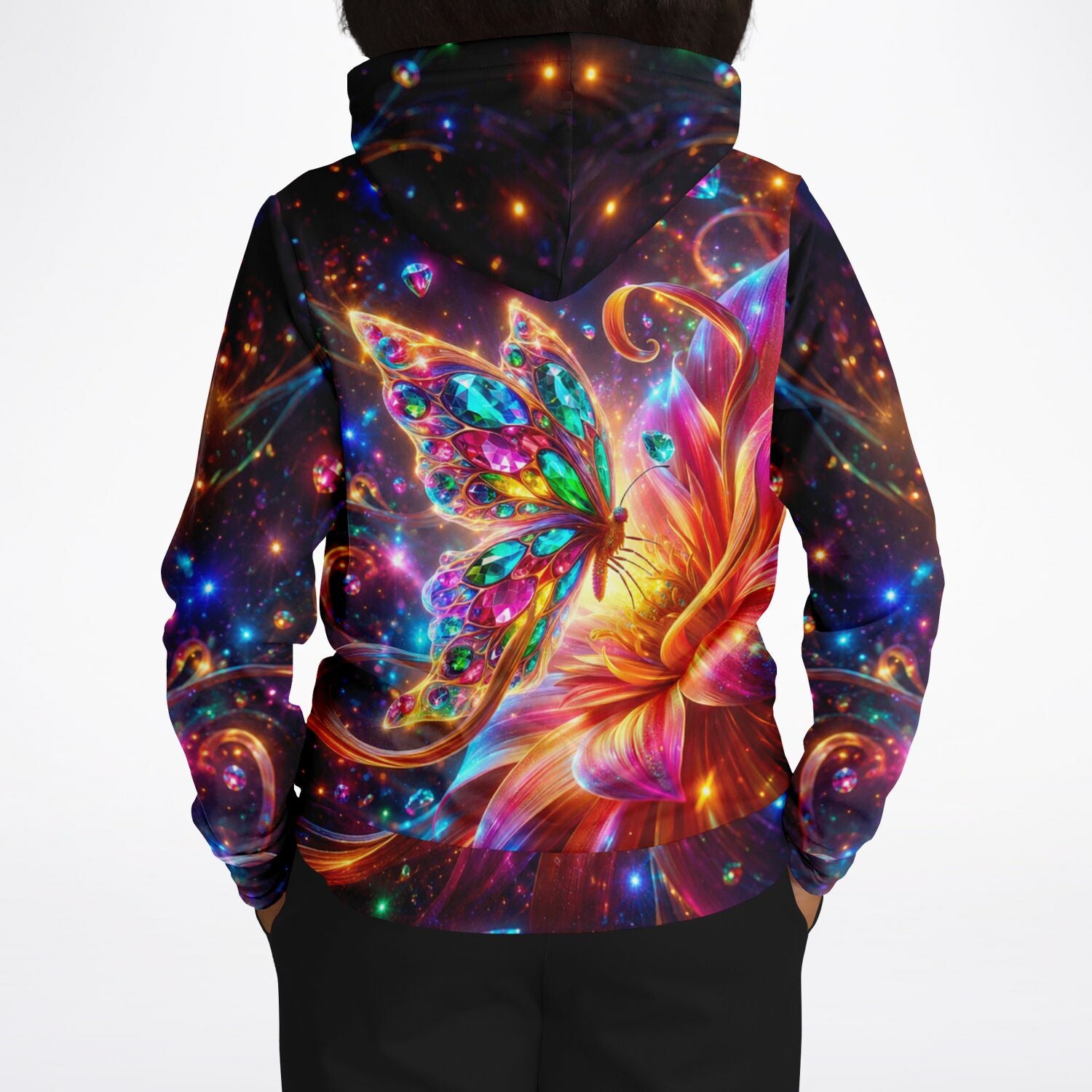 Hoodie mit leuchtendem Schmetterling-Design im Diamond Painting Stil und farbenfrohen Blumen vor kosmischem Hintergrund