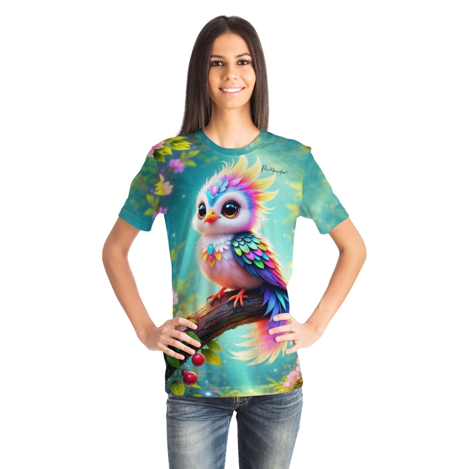 Frau trägt Dreamer T-Shirt mit buntem Vogel-Motiv im Stil von Diamond Painting und Malen nach Zahlen