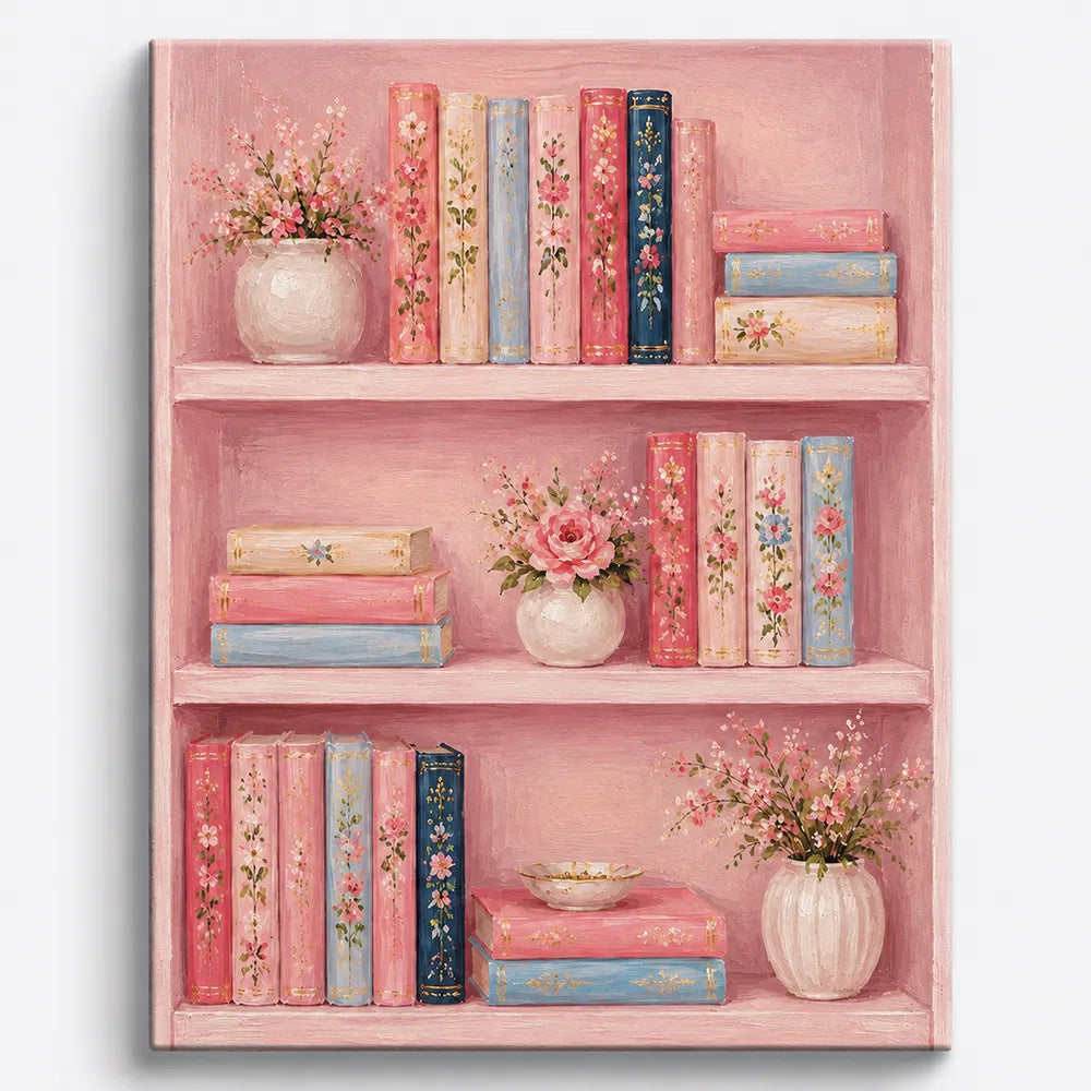 Malen nach Zahlen für Erwachsene: Rosa Regal mit Büchern, Blumen in Vasen und Pastellfarben für entspannten DIY-Malspaß.