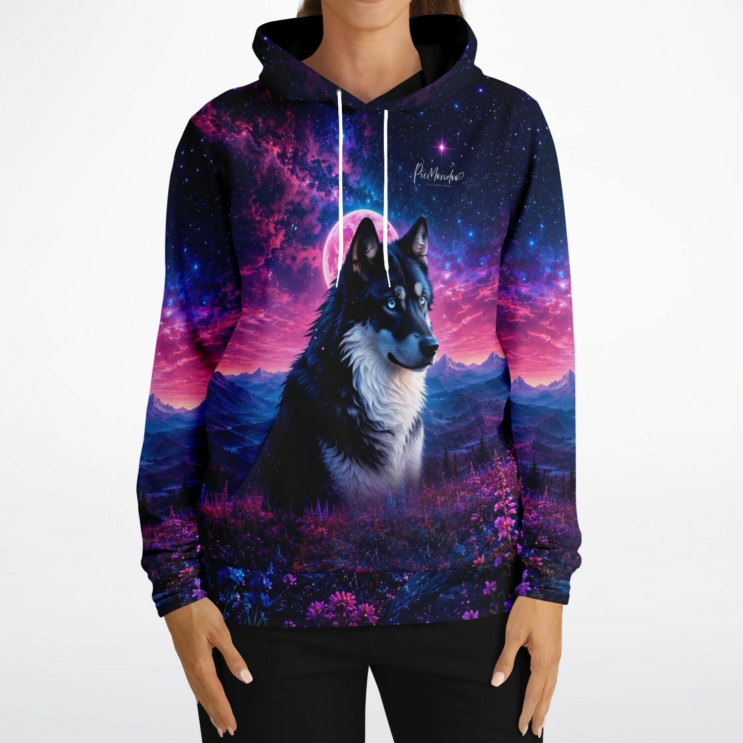 Dreamer Hoodie mit Wolf-Motiv, inspiriert von Diamond Painting Kunst bei Nacht unter einem pinken Erdbeermond.