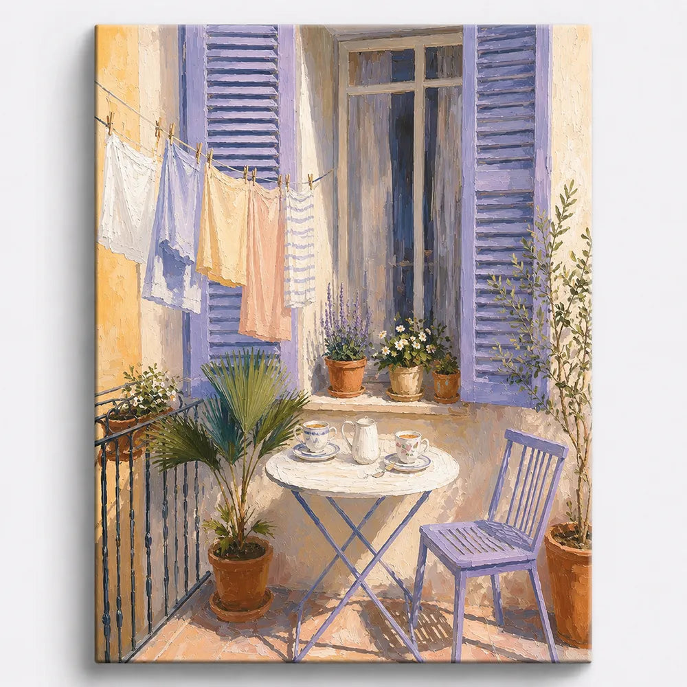Malen nach Zahlen für Erwachsene: Mediterrane Terrasse mit Lavendel, Kaffeetisch und Wäscheleine im Morgenlicht