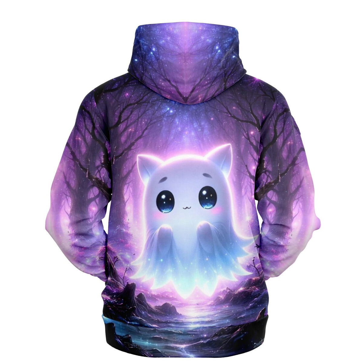 Dreamer Hoodie Glowy mit leuchtender Geist-Katze im magischen Wald, All-Over-Print Design in Lila und Blau für Fans.