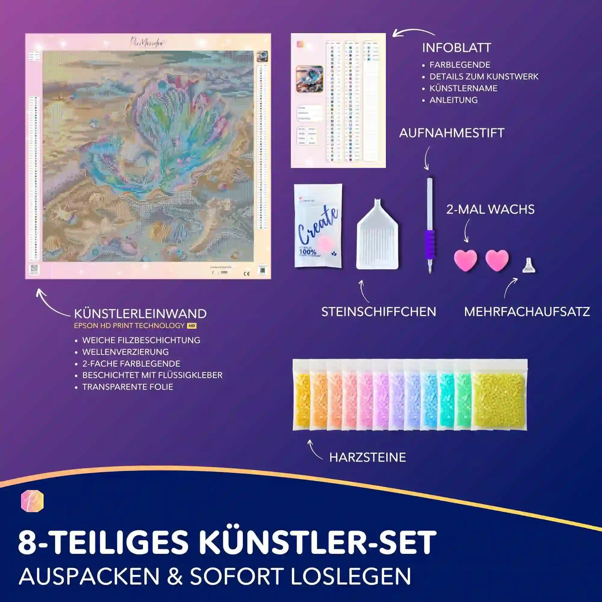 Diamond Painting Set Innerer Schatz mit Leinwand, bunten Harzsteinen und Zubehör für das Hobby Malen nach Zahlen