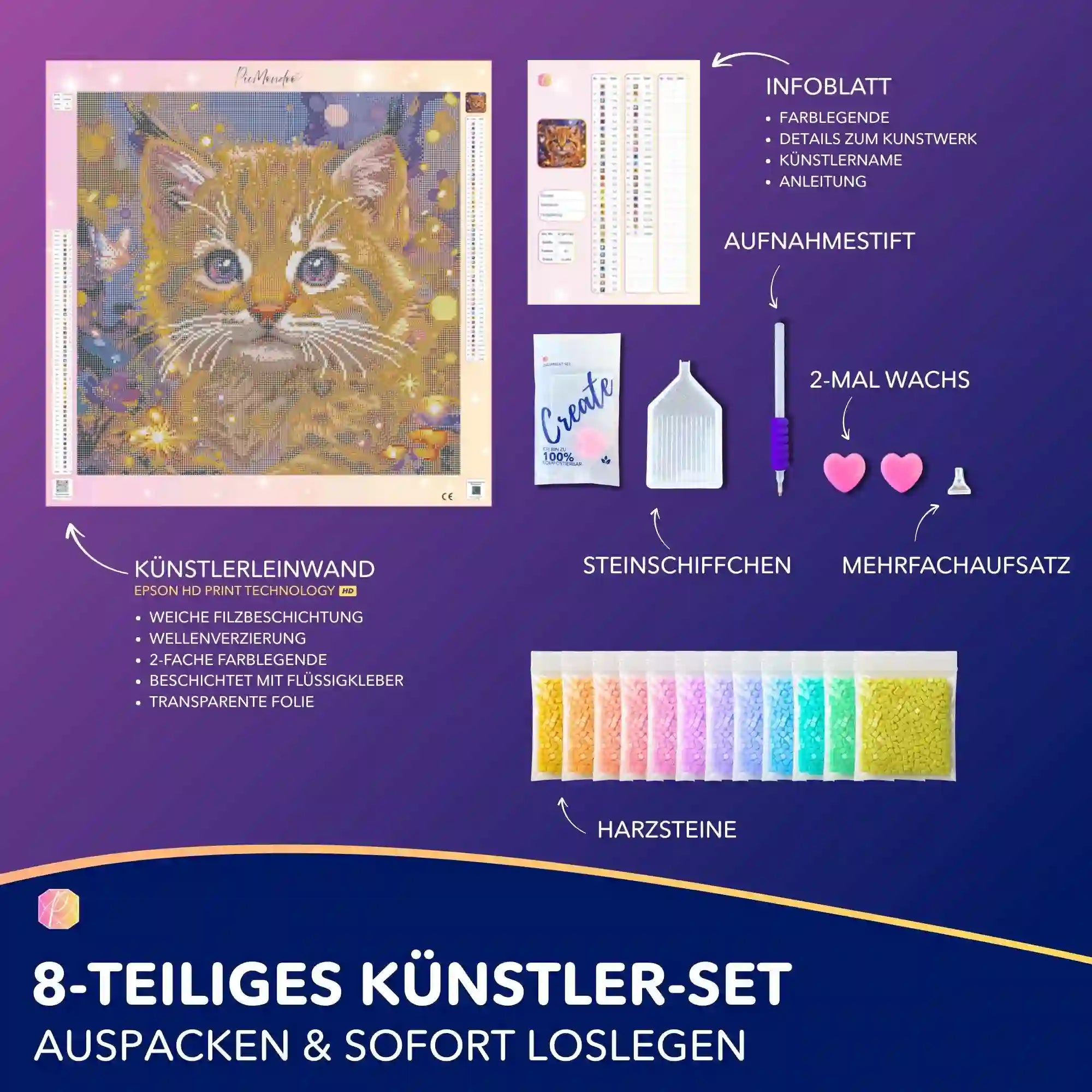 Diamond Painting Set Blick der Wahrheit mit Luchs-Motiv, Leinwand, bunten Harzsteinen und Zubehör für DIY-Kunstwerke.