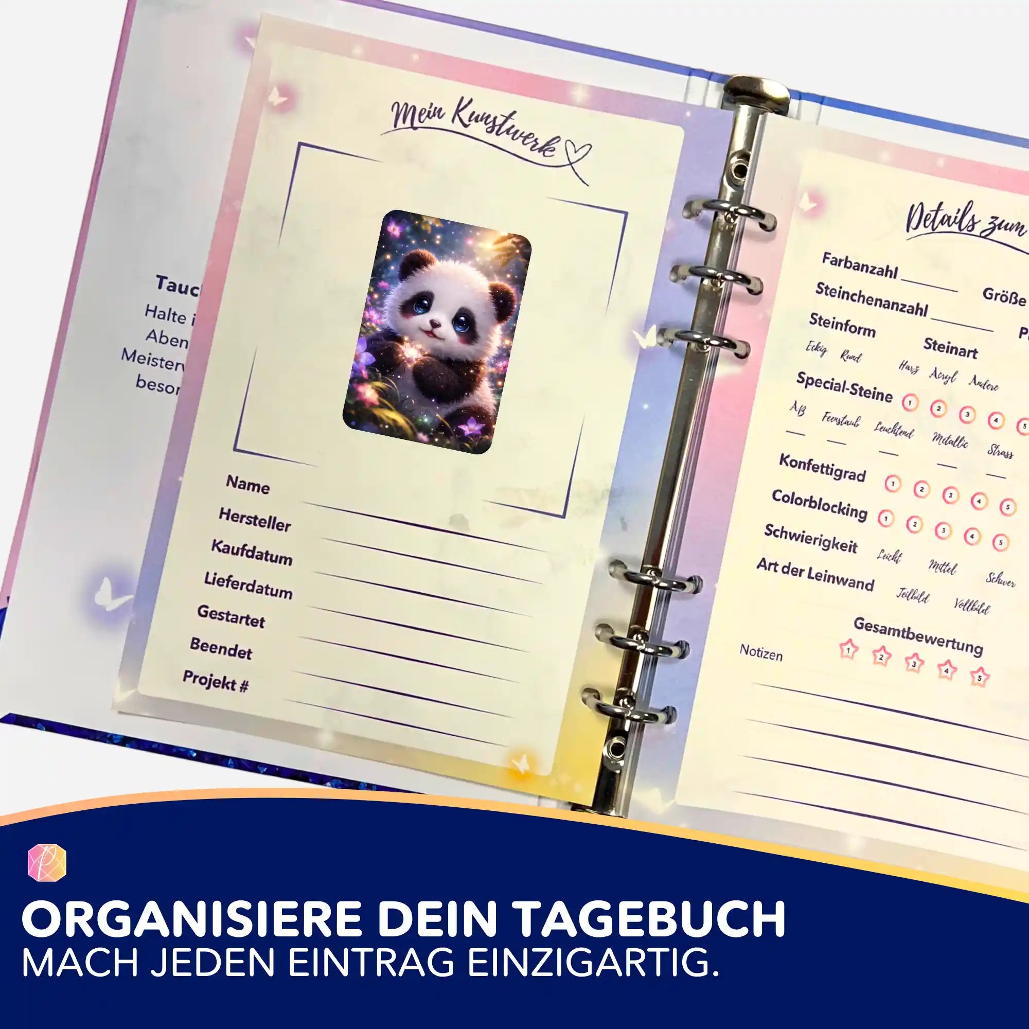 Panda-Aufkleber zur Organisation im Diamond Painting Tagebuch mit Details zu Leinwand und Schwierigkeitsgrad
