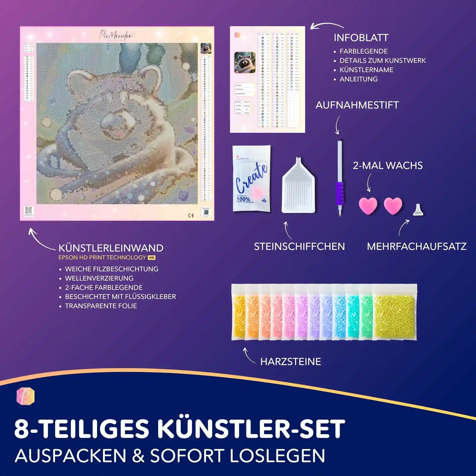 Diamond Painting Komplettset mit süßem Waschbär-Motiv, hochwertiger Leinwand, Harzsteinen und Zubehör für DIY-Kunstwerke.