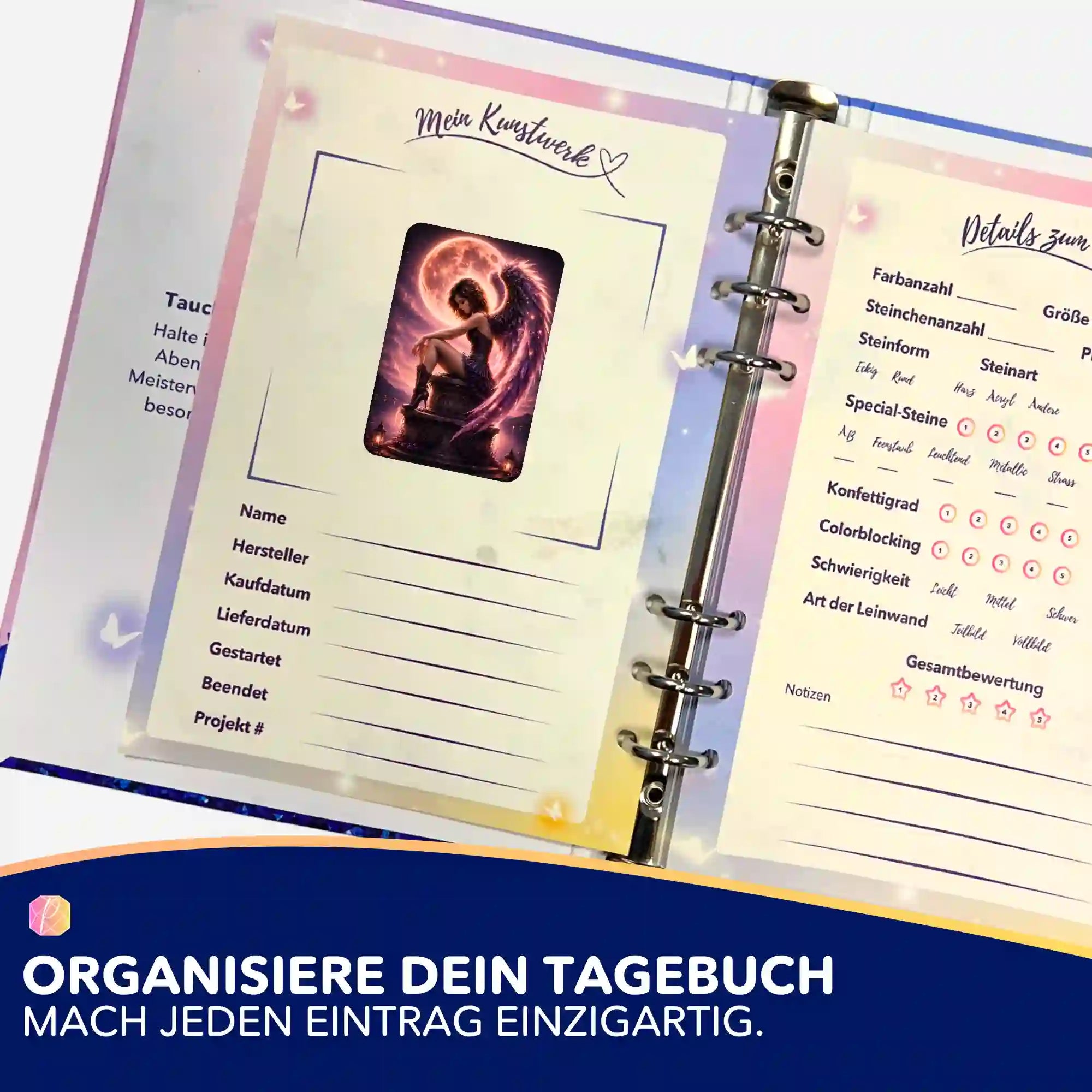 Picmondoo Diamond Painting Tagebuch mit Aurelia Nachtflügel Sticker zur Organisation von DIY Bastelprojekten