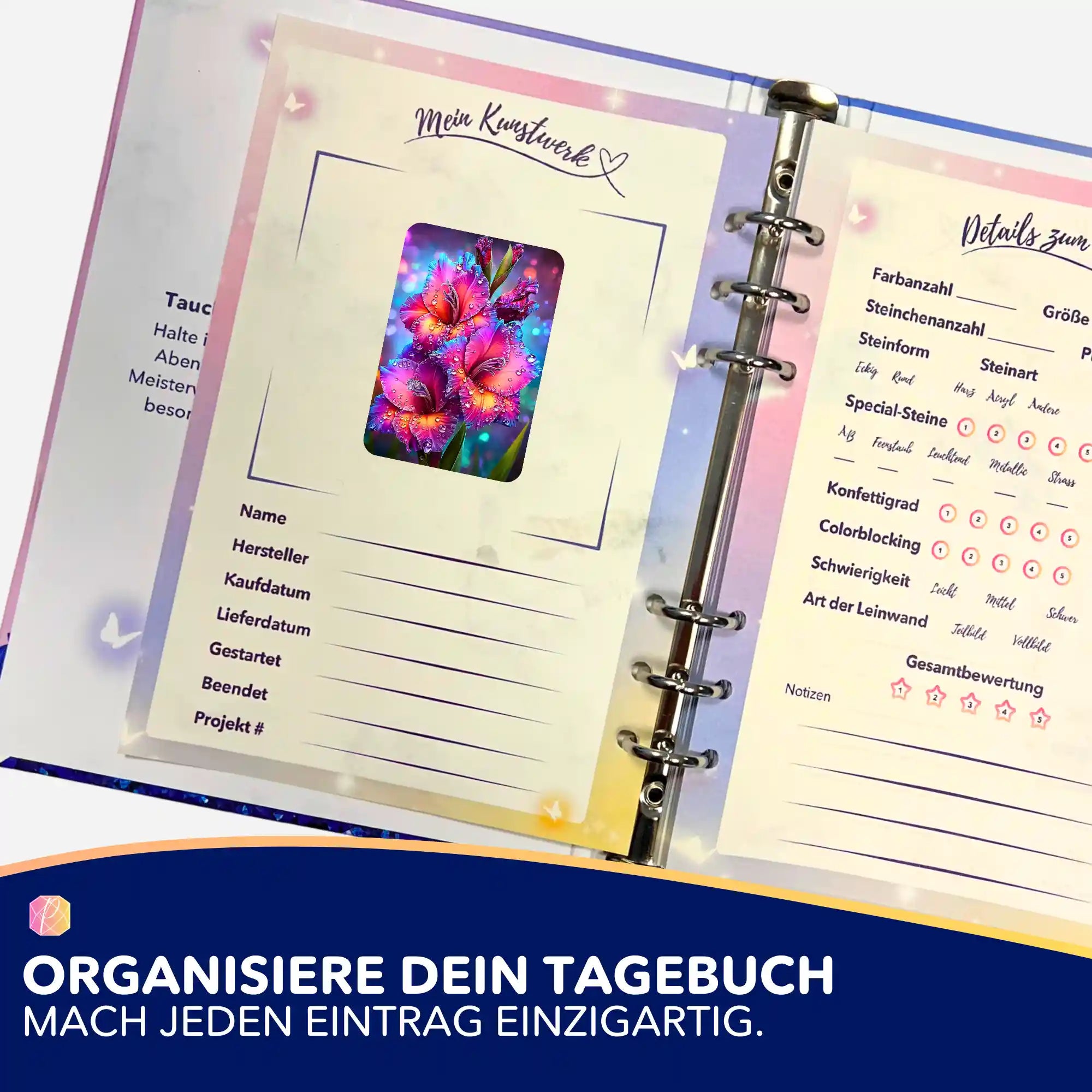 Picmondoo Sticker-Set Morgentau zur Organisation im Diamond Painting Tagebuch mit Blumenmotiv und Projektdetails.