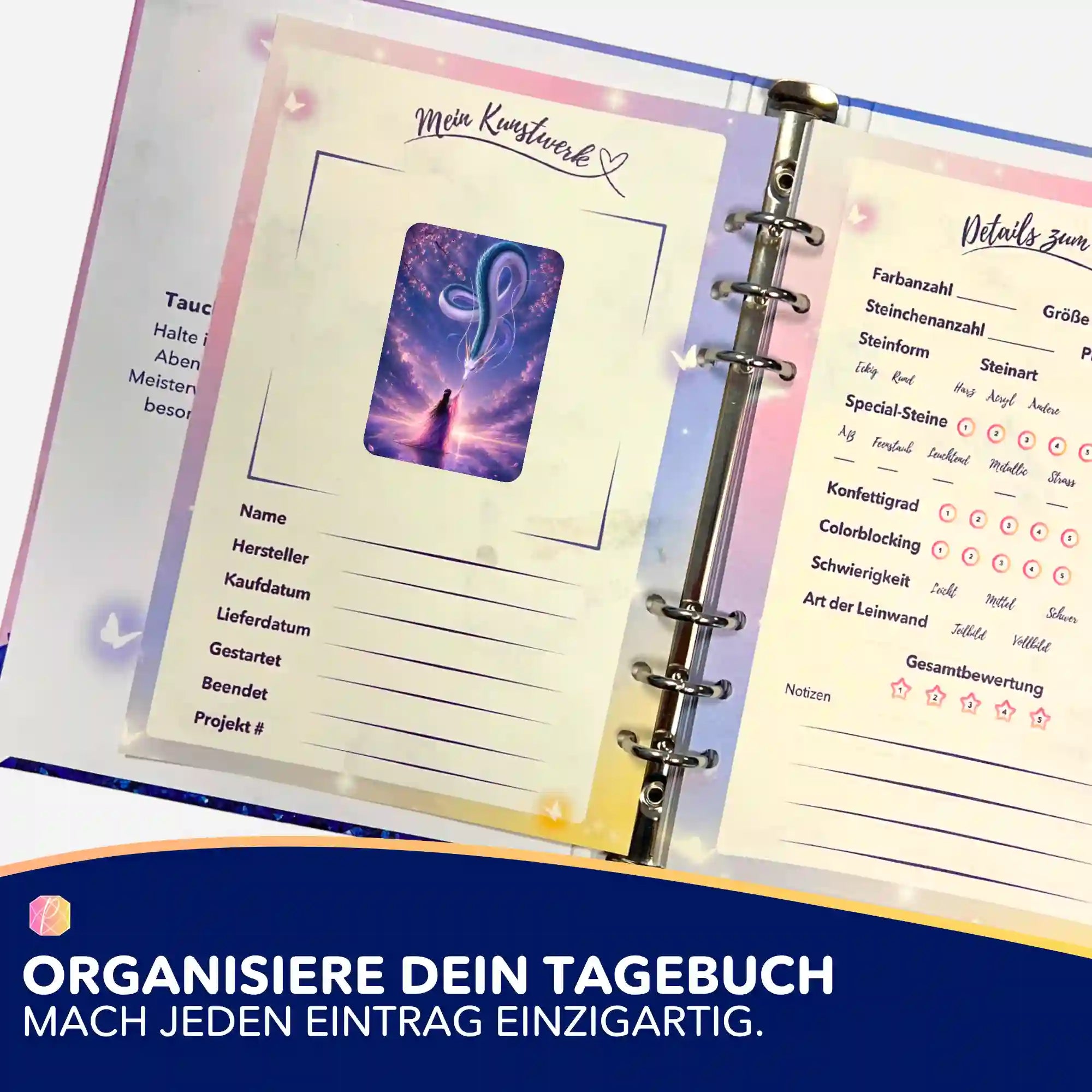 Picmondoo Sticker-Set zur Organisation von Diamond Painting Projekten im Tagebuch mit Drachen-Motiv