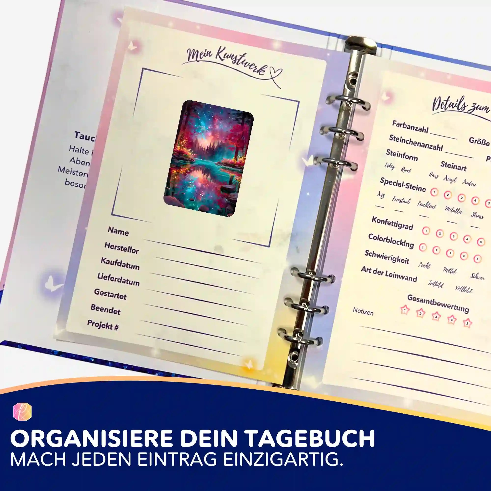 Picmondoo Diamond Painting Tagebuch mit Aufkleber zur Organisation von Kunstwerken und Details zum Malen nach Zahlen
