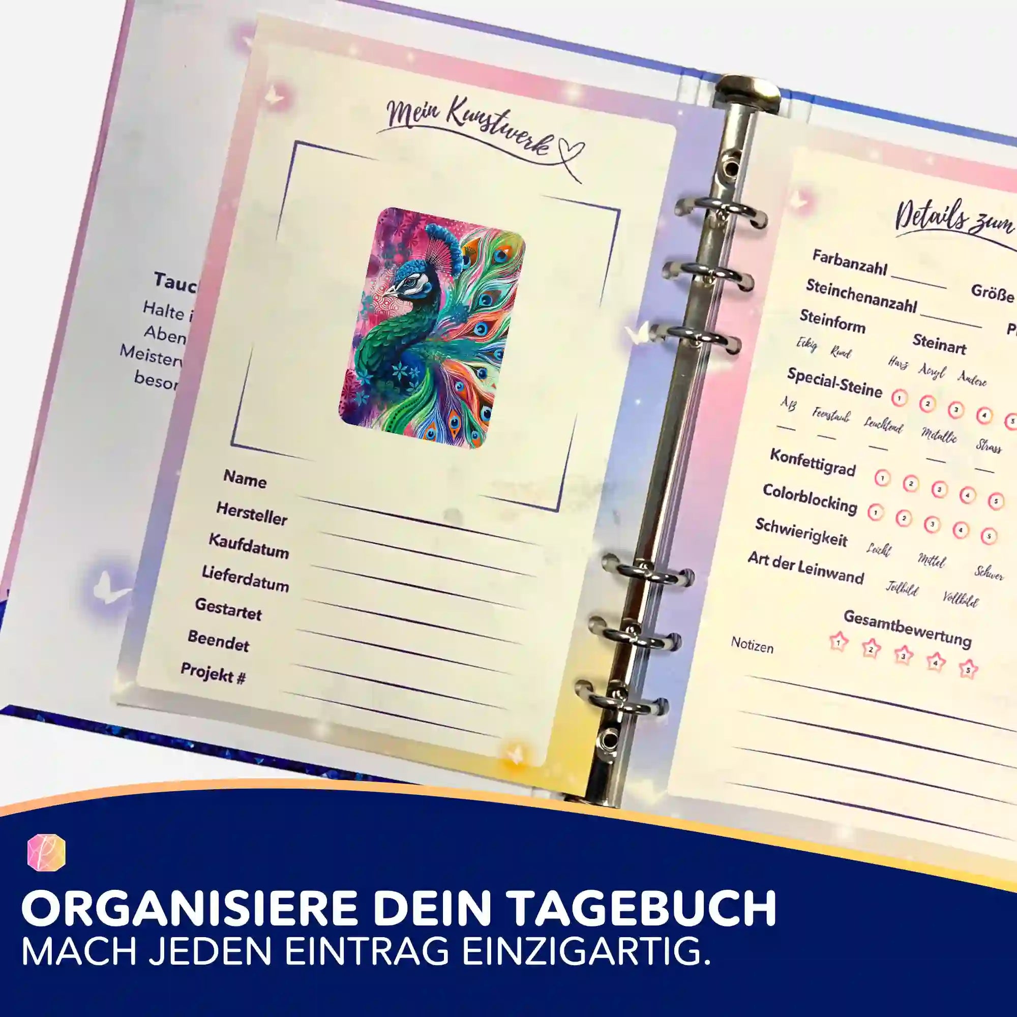 Buntes Pfau-Sticker-Set zur Organisation von Diamond Painting Projekten im persönlichen Tagebuch