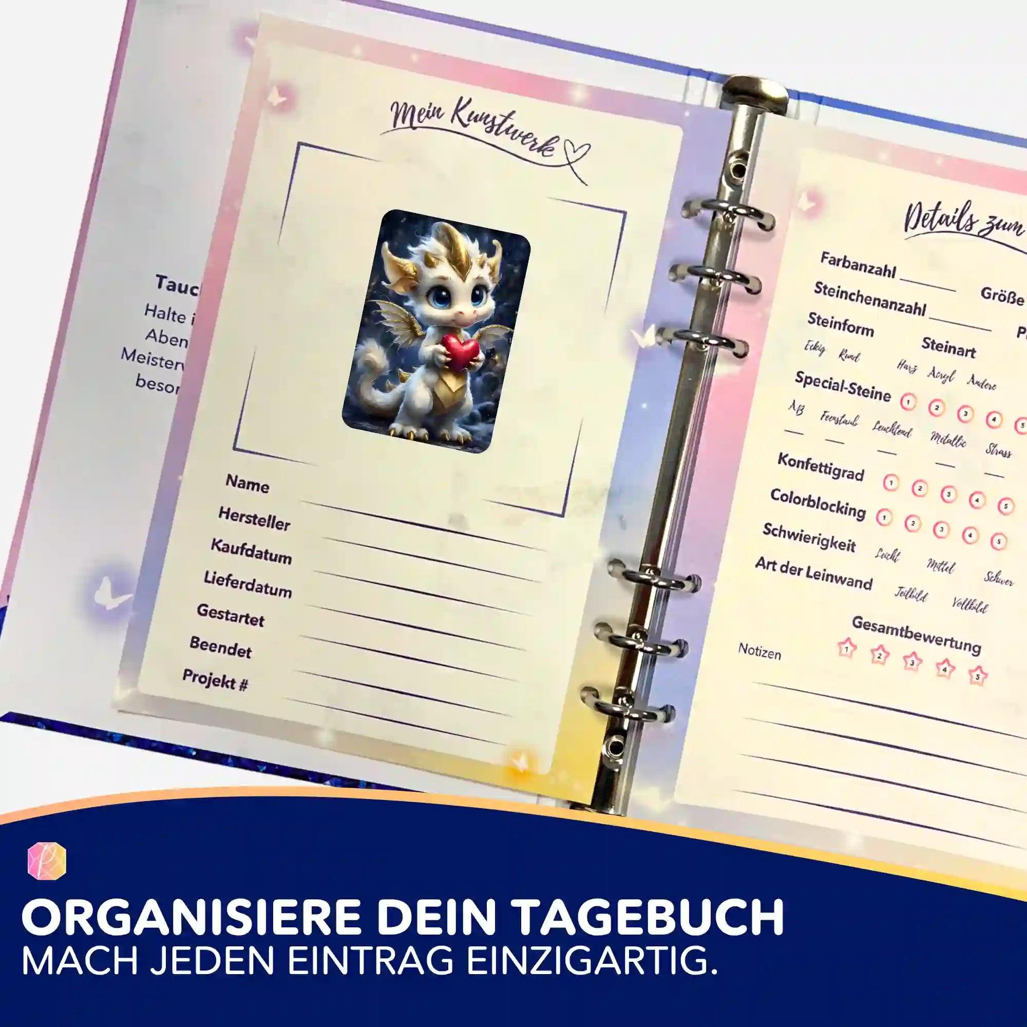 Picmondoo Diamond Painting Tagebuch mit Drachen-Sticker zur Organisation deiner Kunstwerke und Projektdetails
