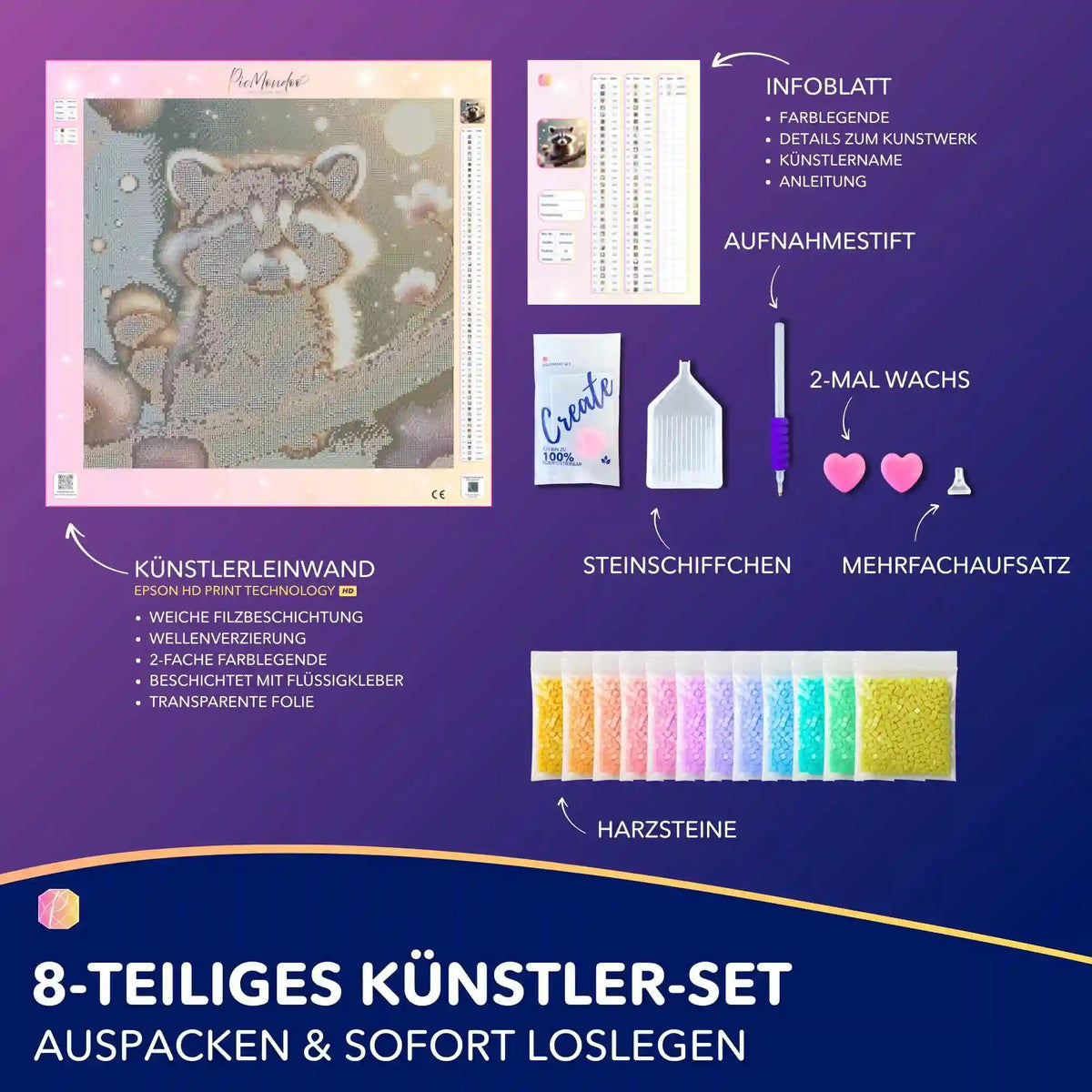 Picmondoo Diamond Painting Set Moni Live Waschbär Klettermax mit Leinwand, bunten Harzsteinen und Zubehör.