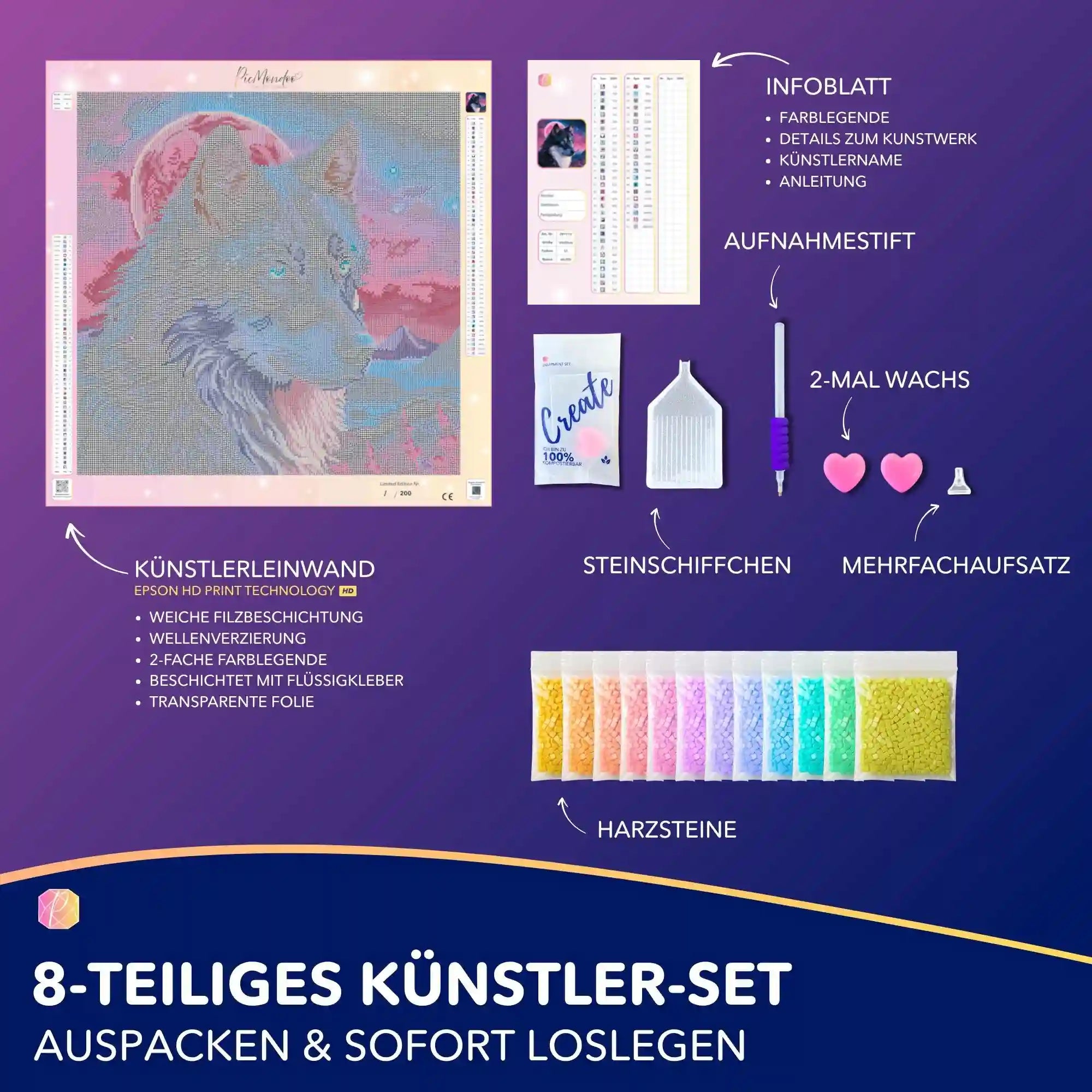 Diamond Painting Set Unter dem Erdbeermond mit magischem Wolf Motiv, Leinwand, bunten Harzsteinen und Zubehör.