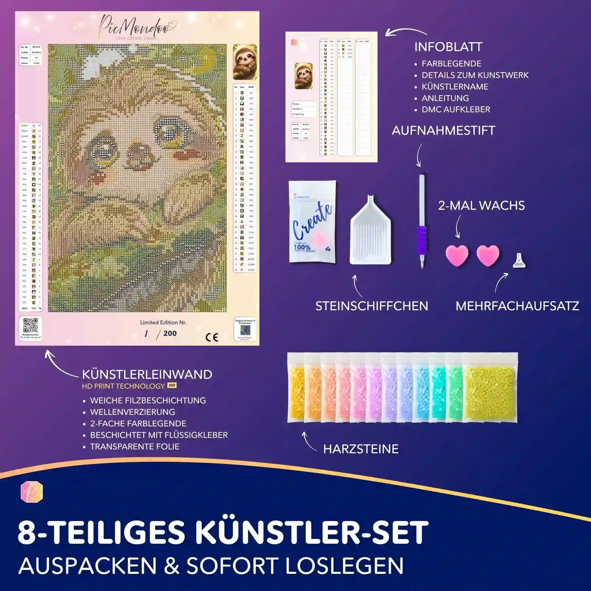 Diamond Painting Set Moari Faultier mit Künstler-Leinwand, Werkzeugen und bunten Harzsteinen für kreatives Basteln