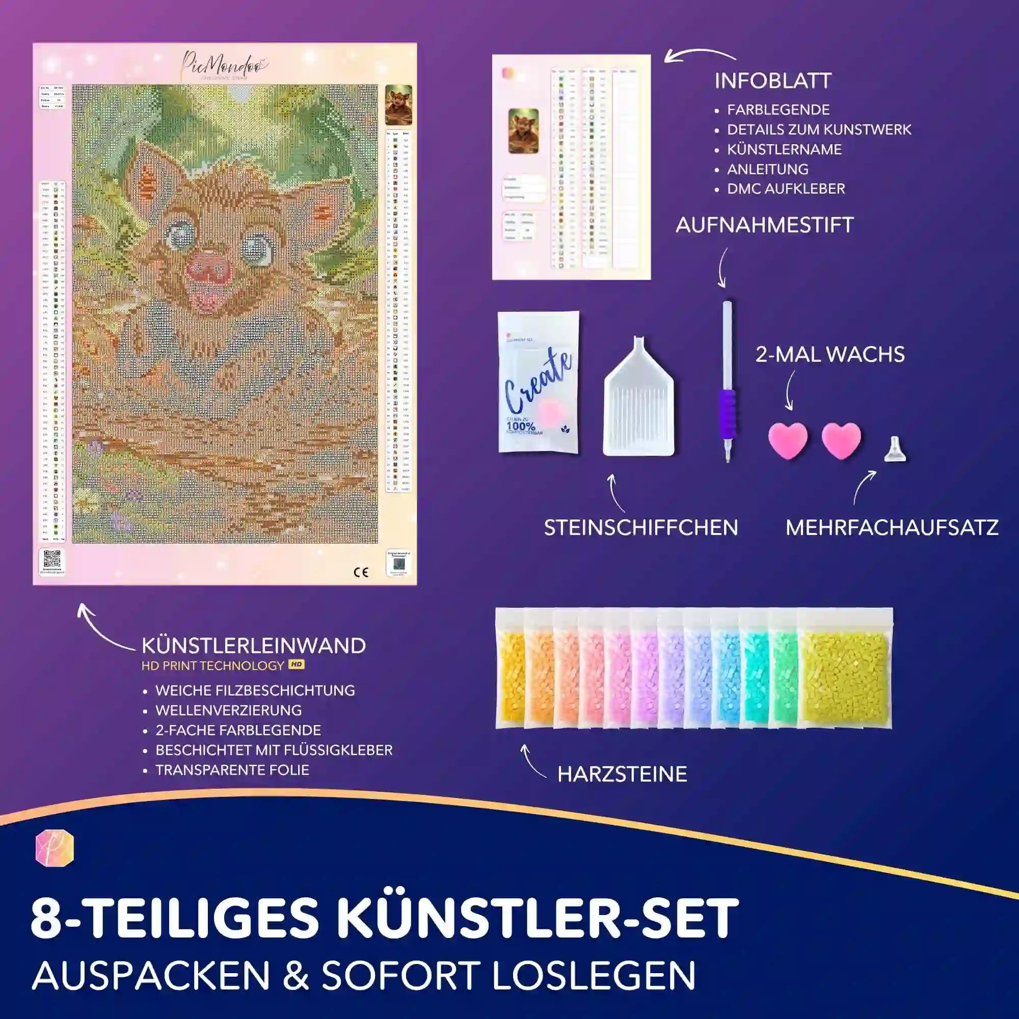 Diamond Painting Set Pfützenglück mit niedlichem Wildschwein-Motiv, hochwertigem Zubehör, Steinen und Leinwand.