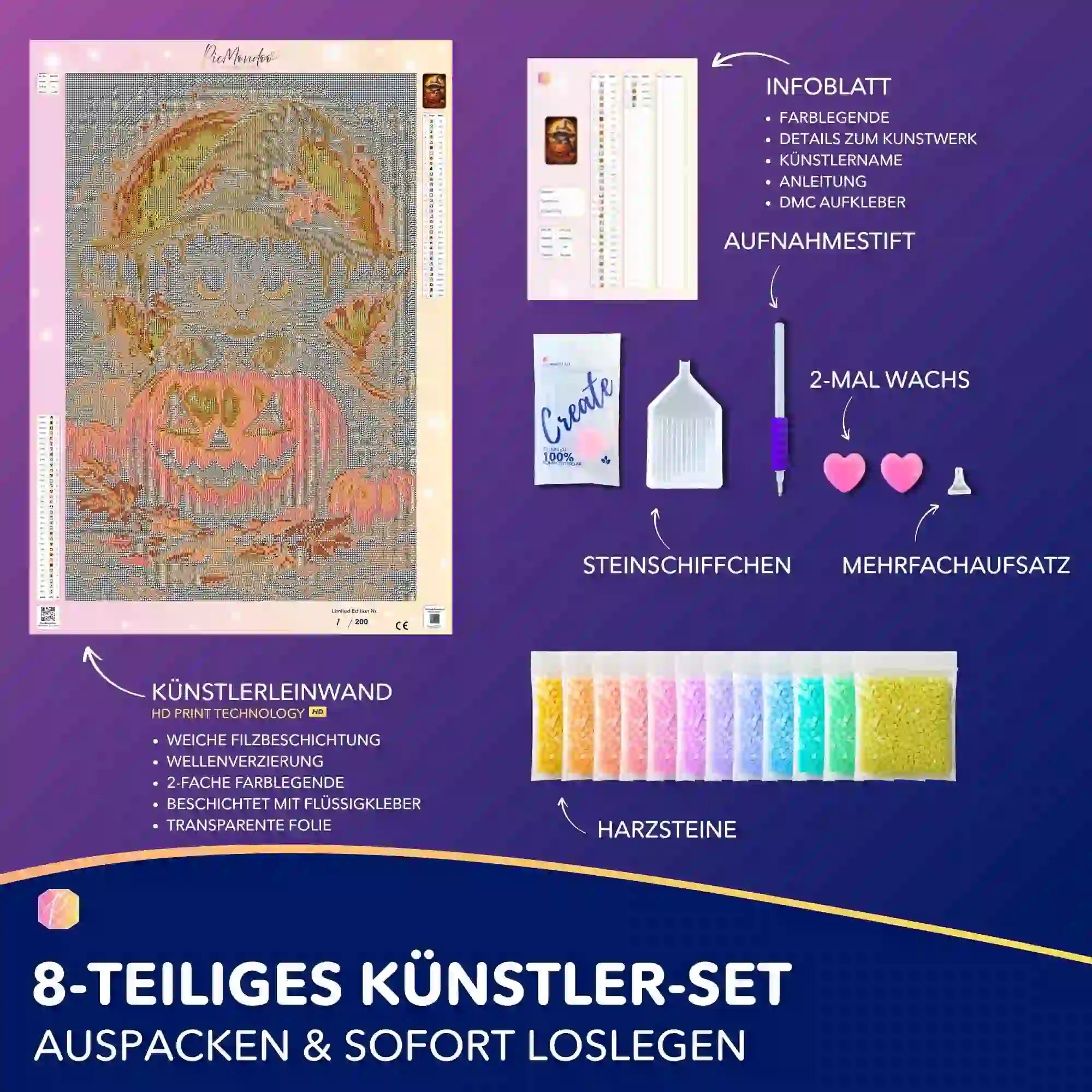 Diamond Painting Set Die kleine Kürbishexe mit Leinwand, bunten Harzsteinen und Zubehör für das Bastel-Hobby.