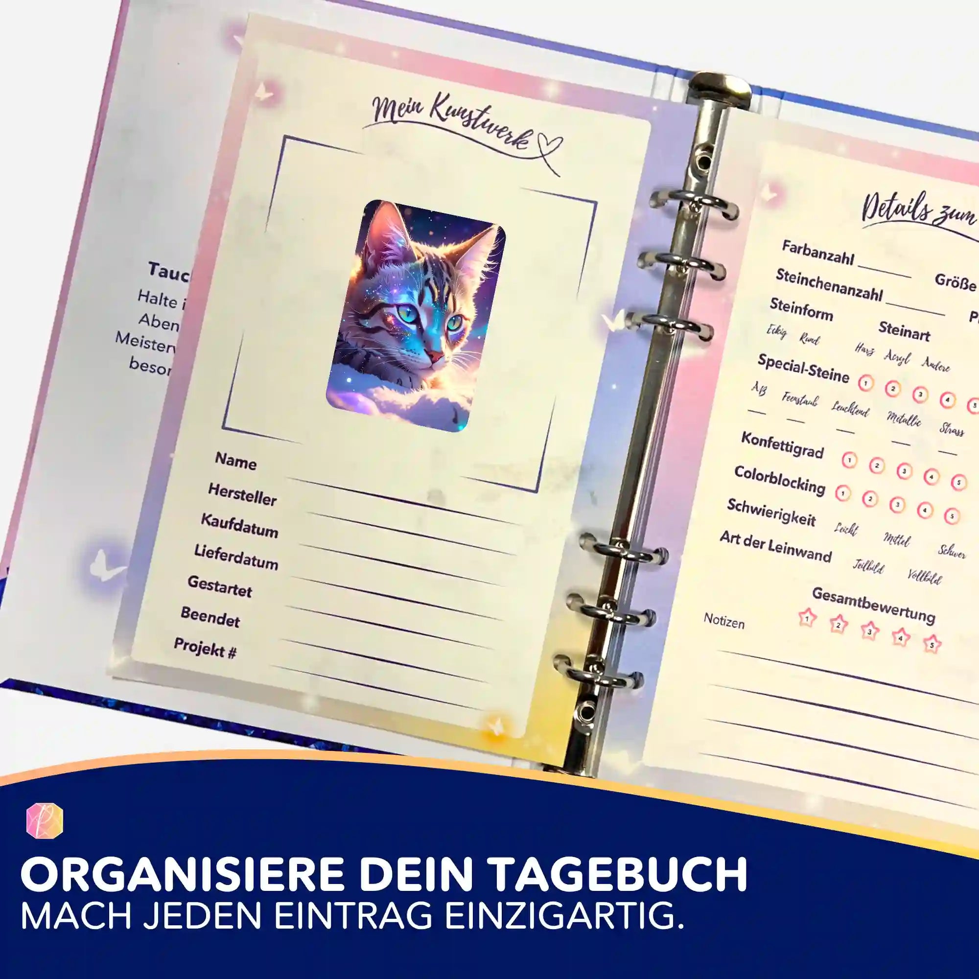 Diamond Painting Tagebuch Sticker Samtpfote zur Organisation deiner Kunstwerke und Projektdetails