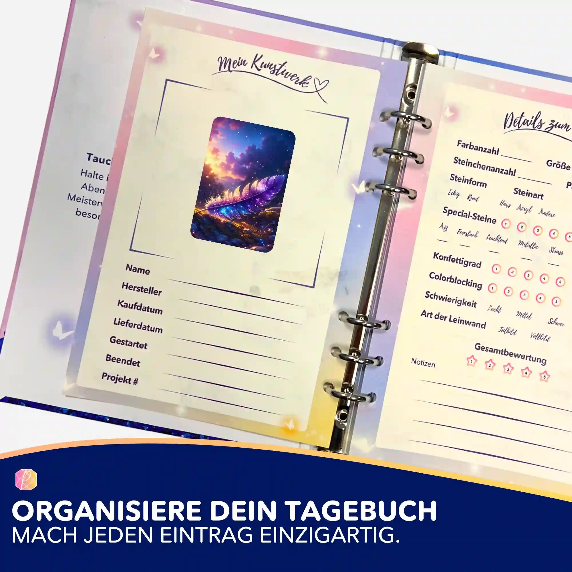 Picmondoo Sticker Feder im Sternenlicht für Diamond Painting Tagebuch zur Organisation von Kunstwerken