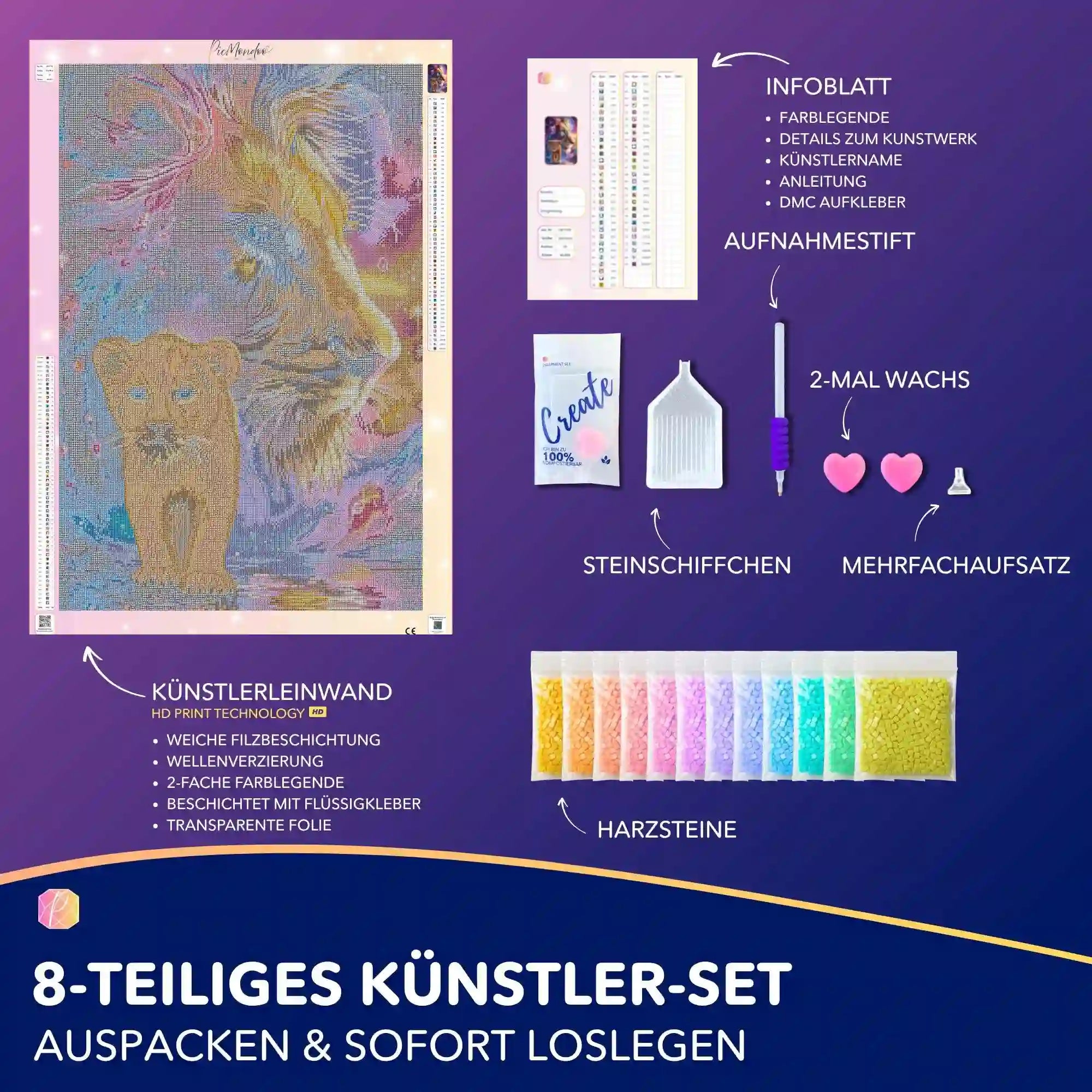 Diamond Painting Set Dem Schicksal entgegen mit Löwen-Motiv, Zubehör und bunten Steinen für ein 8-teiliges DIY-Kunstwerk.