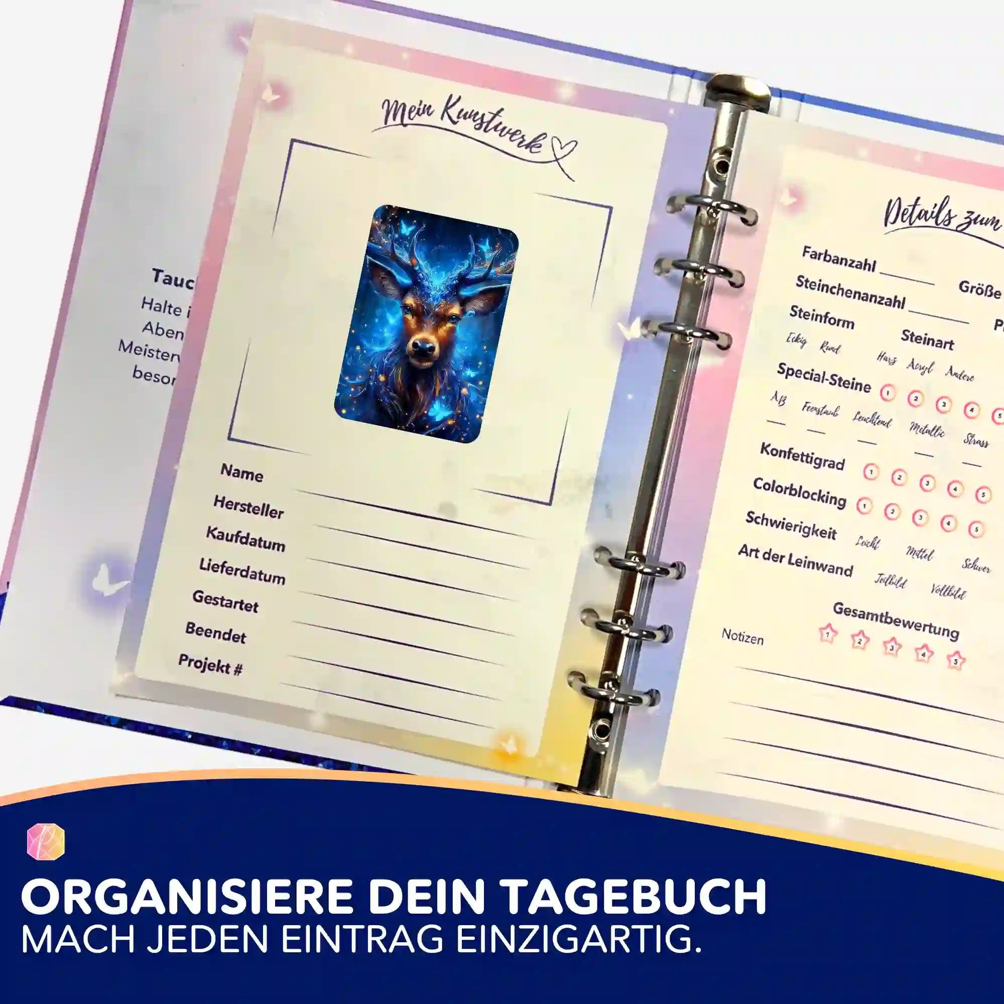 Wächter des Waldes Aufkleber im Diamond Painting Tagebuch zur Organisation von DIY-Bastelprojekten