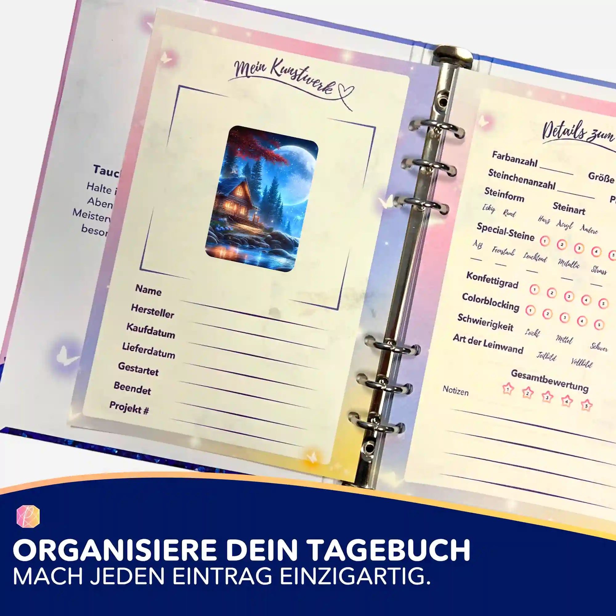 Mit Picmondoo Sticker Wo das Mondlicht wohnt: Diamond Painting Tagebuch zur Organisation von DIY-Kunstwerken.
