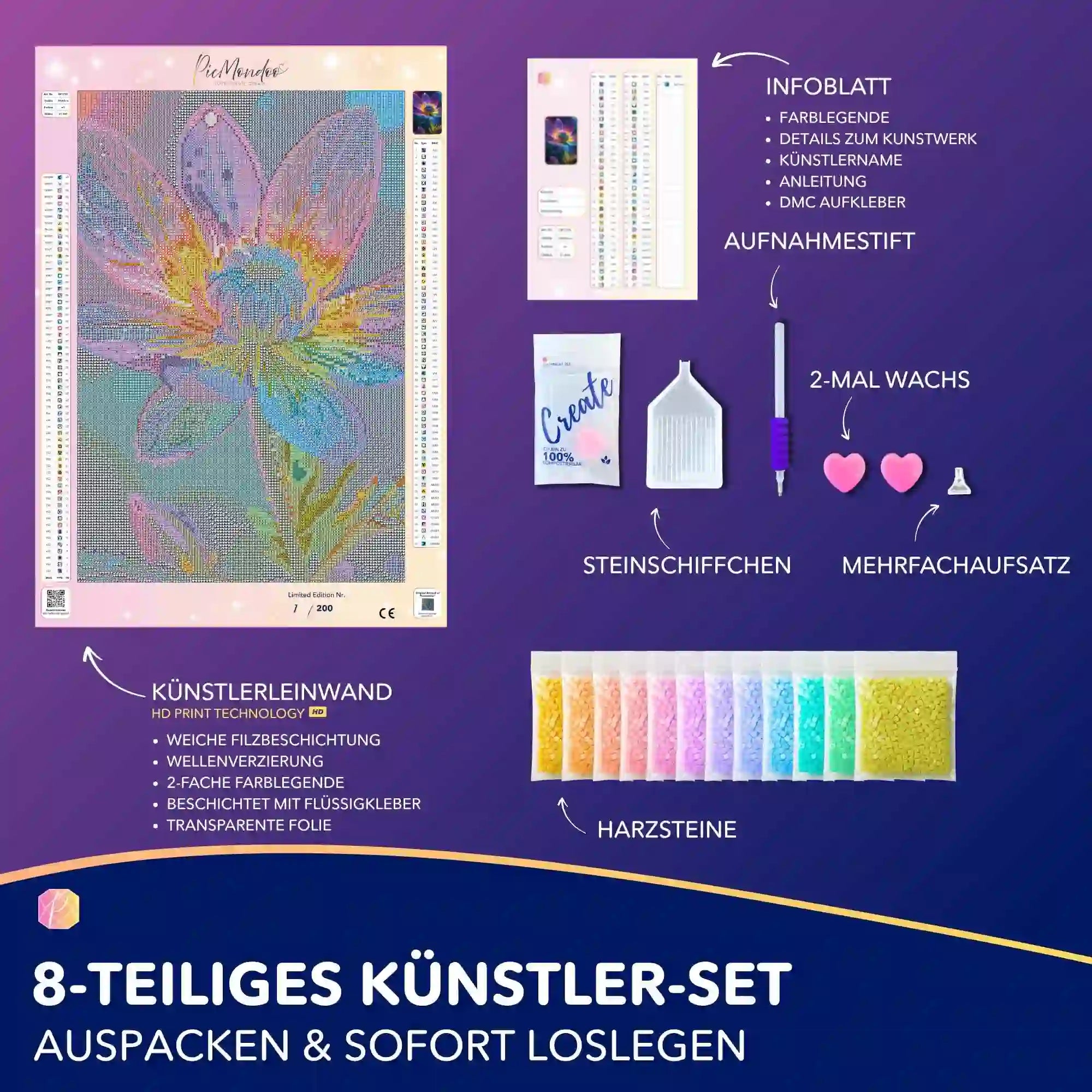 Diamond Painting Set Im Kern des Lichts mit bunter Fantasy-Blume, HD-Leinwand, Harzsteinen und komplettem Zubehör