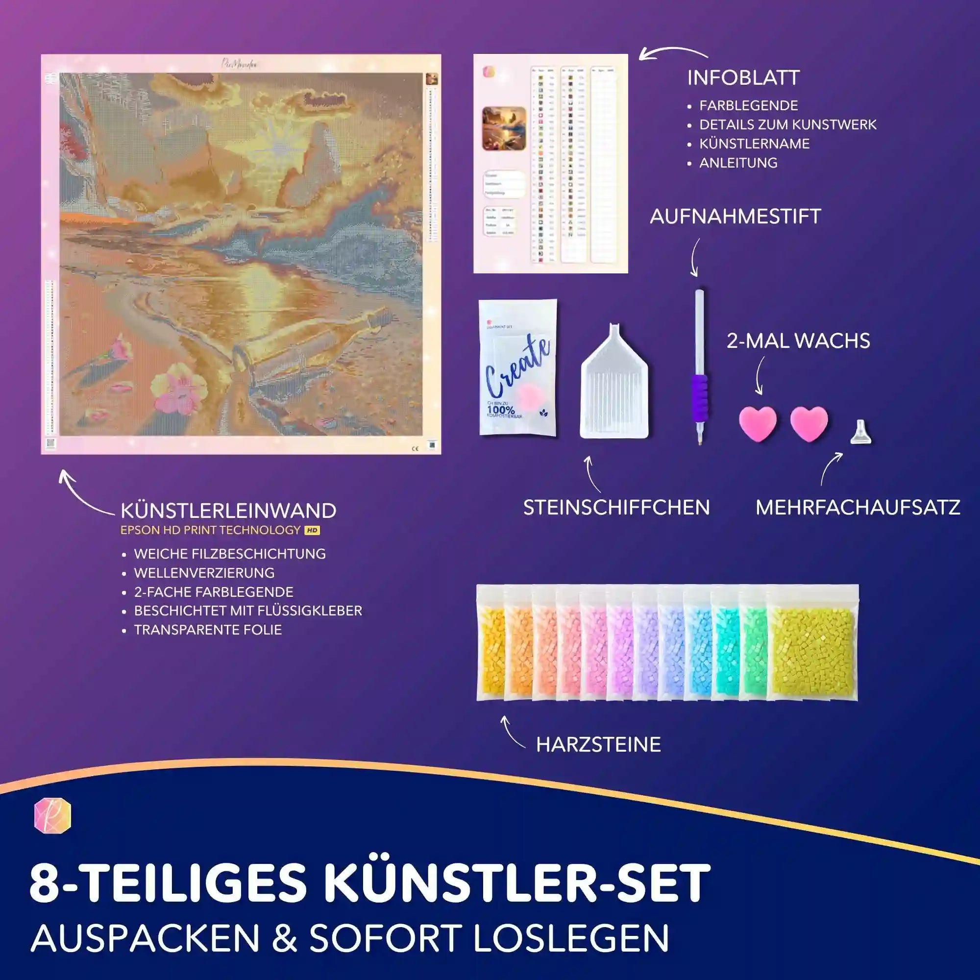 Diamond Painting Set Was das Meer bewahrt mit Leinwand, bunten Harzsteinen und Zubehör für entspanntes Basteln