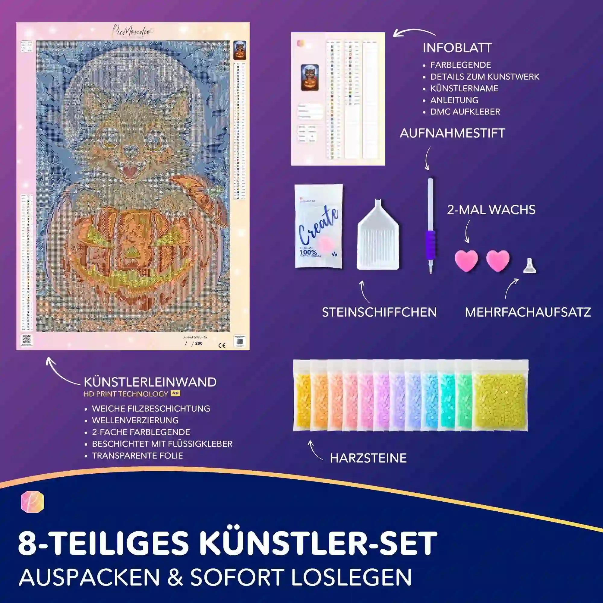 Diamond Painting Set Mondwolf mit Kürbis, inkl. Leinwand, Harzsteine und Werkzeug für das DIY-Hobby.