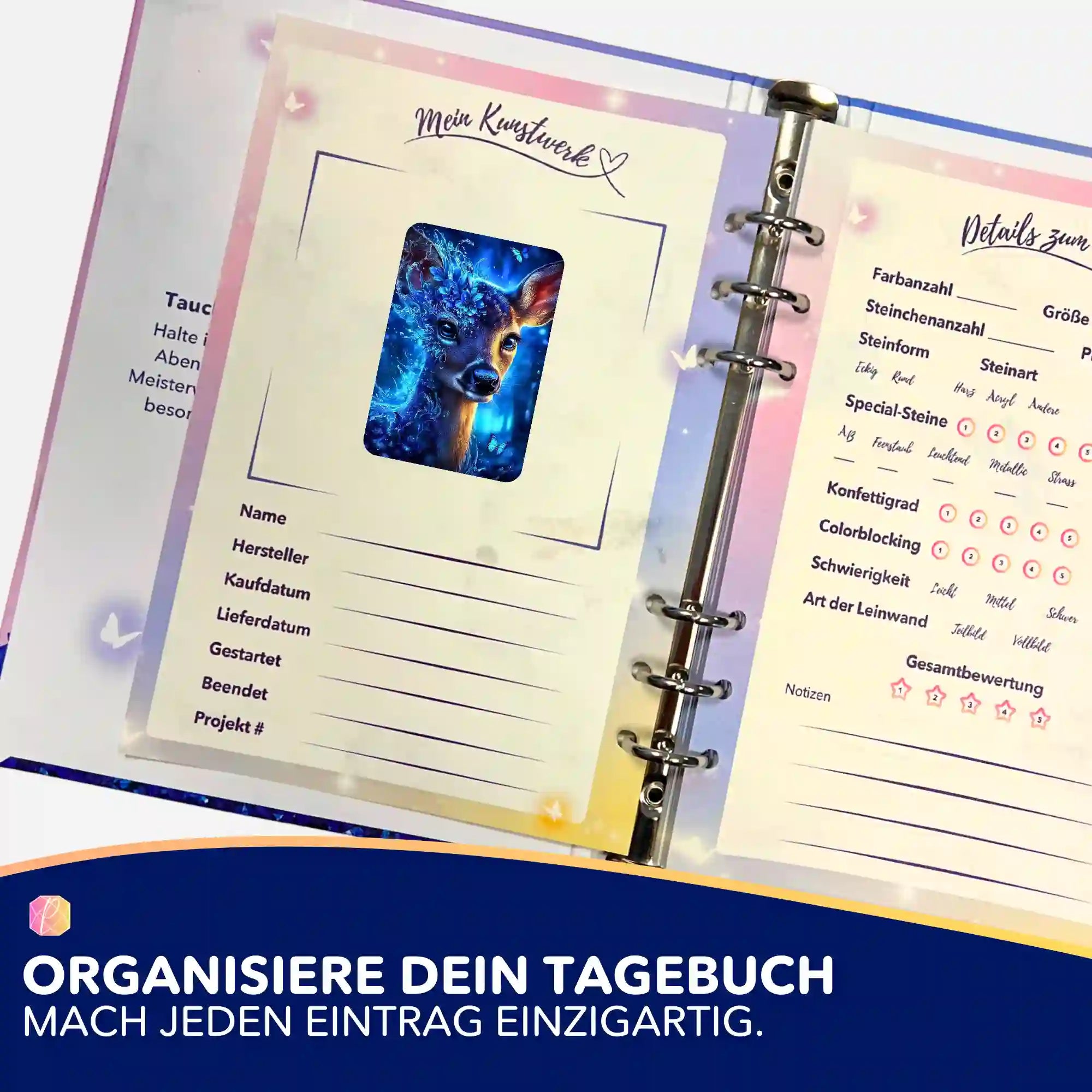 Hüterin des Herzens Aufkleber in einem Diamond Painting Tagebuch zur Organisation von DIY Bastelsets und Projekten