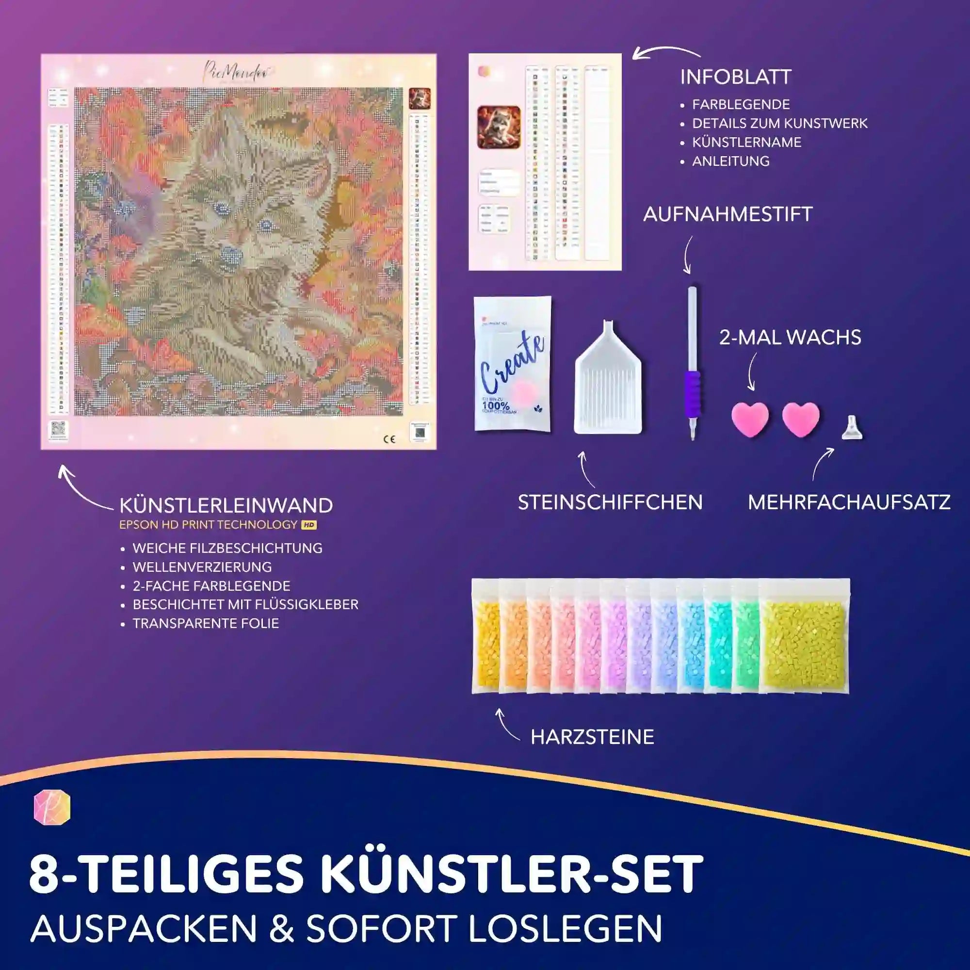 Diamond Painting Set Akiro mit Wolf-Leinwand, Werkzeugen und glitzernden Harzsteinen für kreatives Basteln