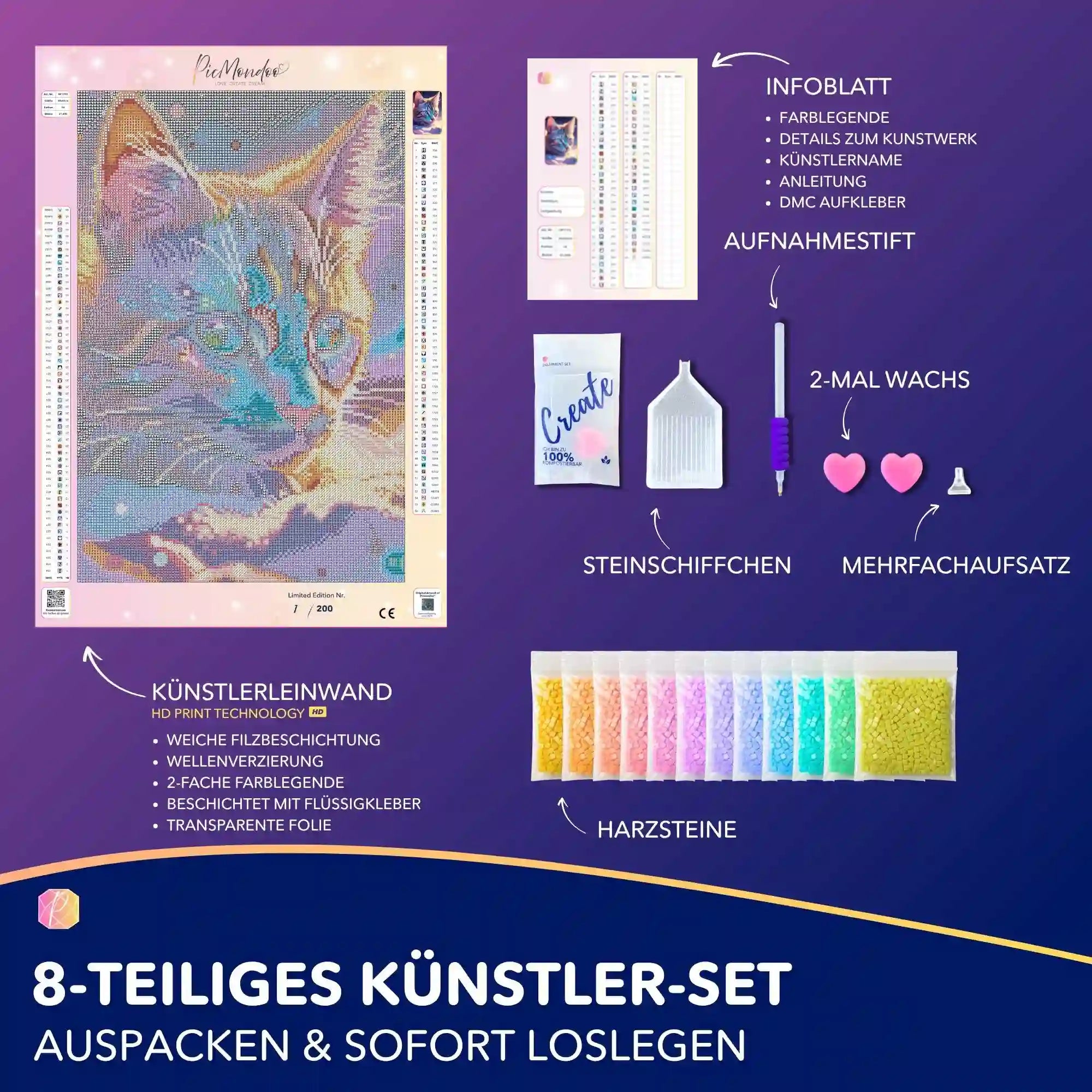 Diamond Painting Set Samtpfote mit Leinwand, bunten Harzsteinen und Zubehör für ein getigertes Katzen-Motiv in 30x45cm