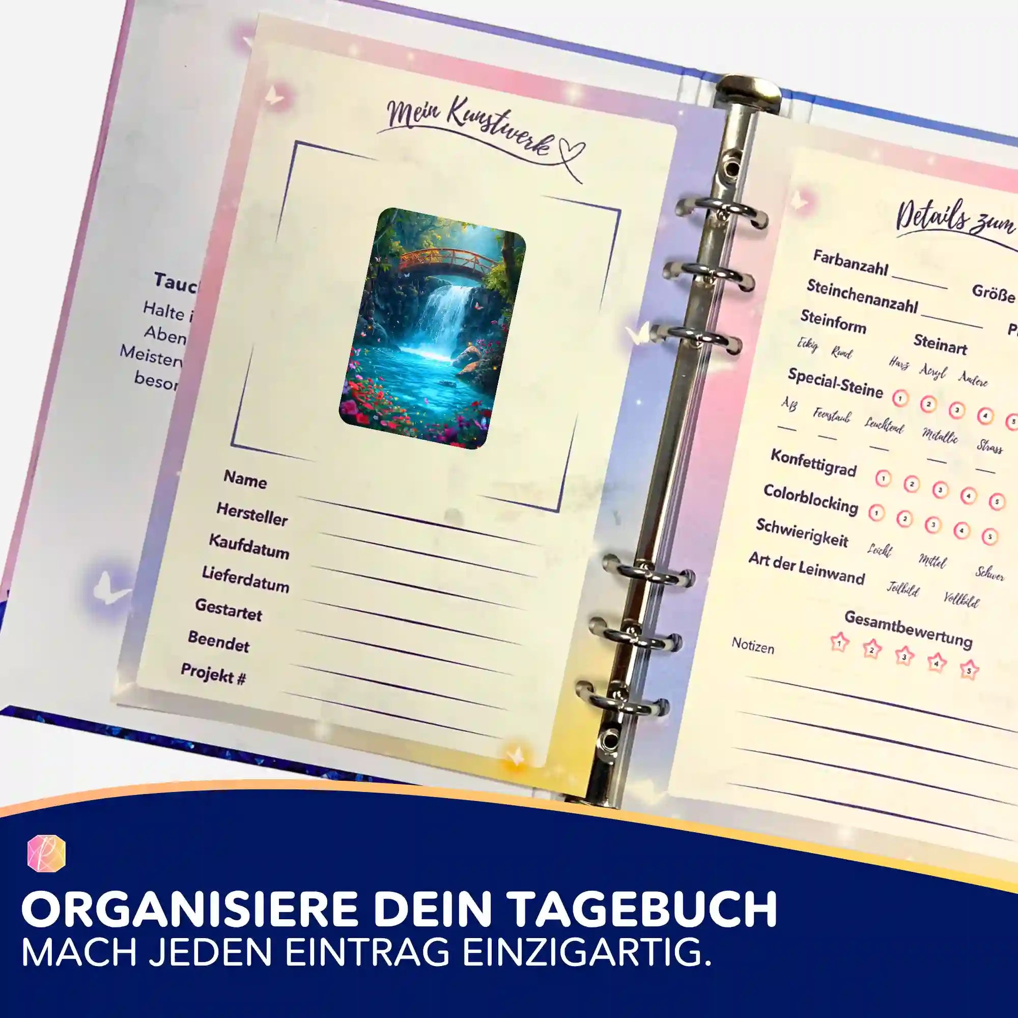 Diamond Painting Aufkleber Brücke der Träume in einem DIY-Tagebuch zur Dokumentation der Projekte