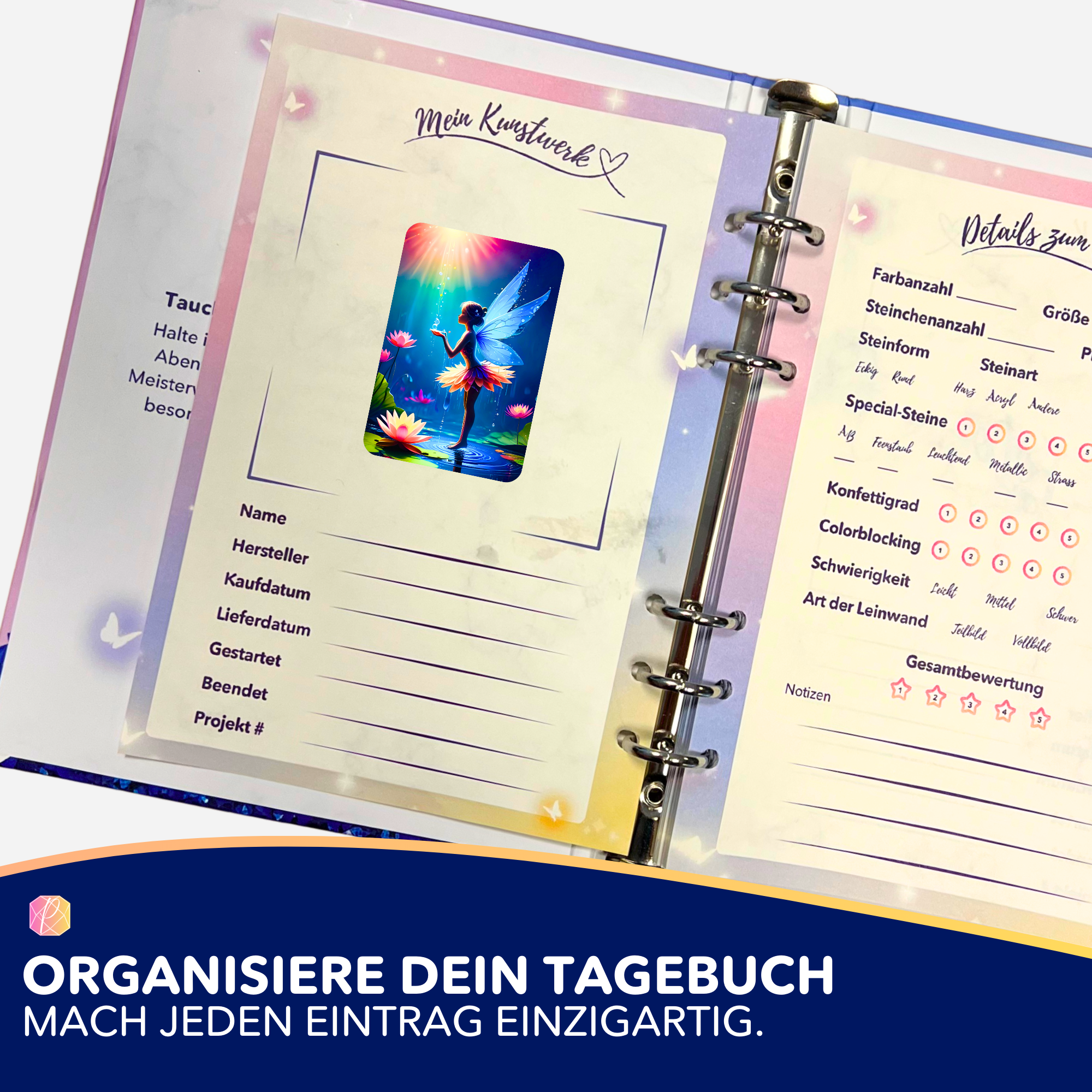 Fee Layla Aufkleber im Diamond Painting Tagebuch zur Organisation von DIY-Bastelsets und Diamanten Painting Kunstwerken.