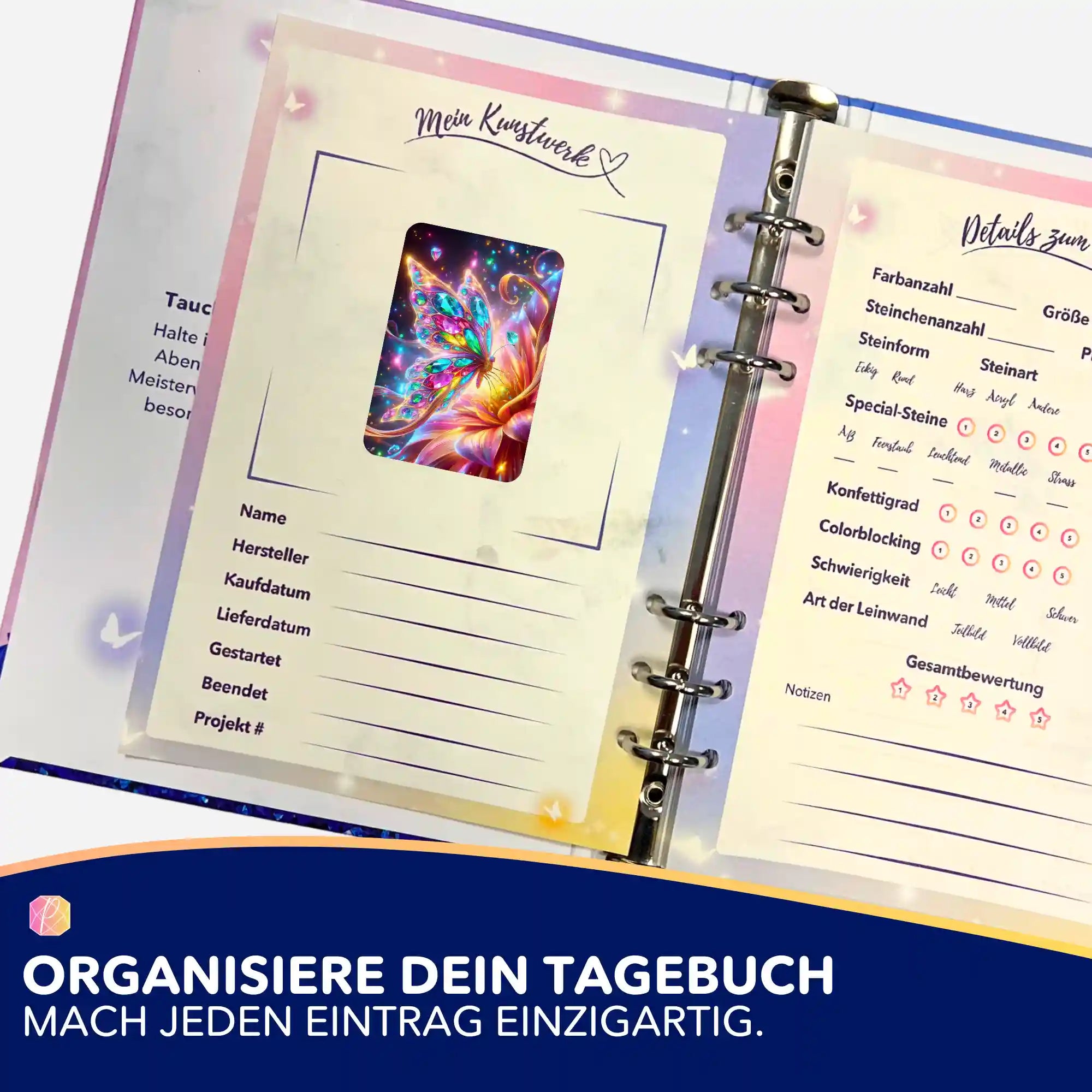 Buntes Schmetterling Diamond Painting Motiv als Sticker in einem Projekt-Tagebuch zur Organisation von Bastelsets