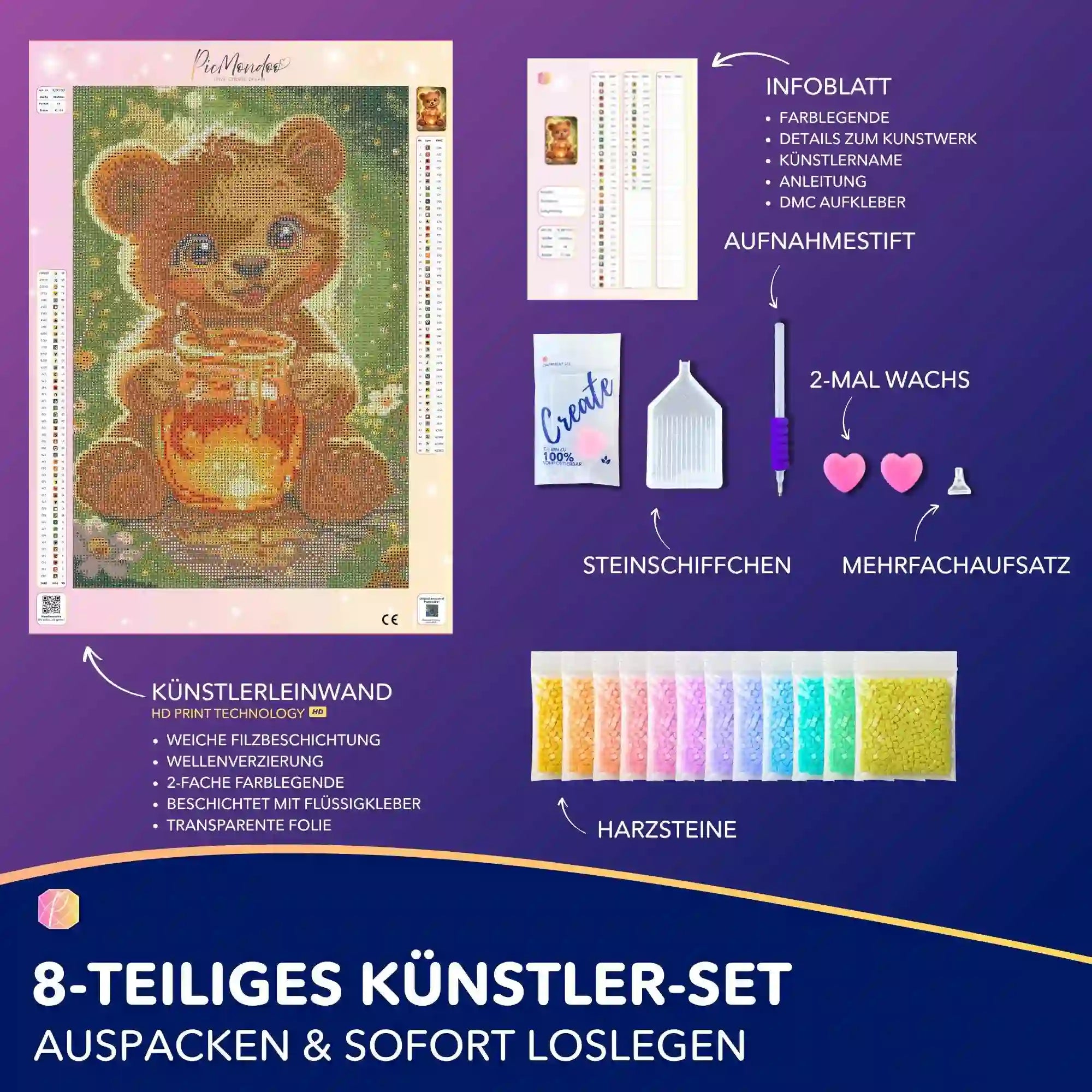 Diamond Painting Set mit niedlichem Teddybär-Motiv, Honigtopf, Leinwand und komplettem Zubehör zum Basteln.