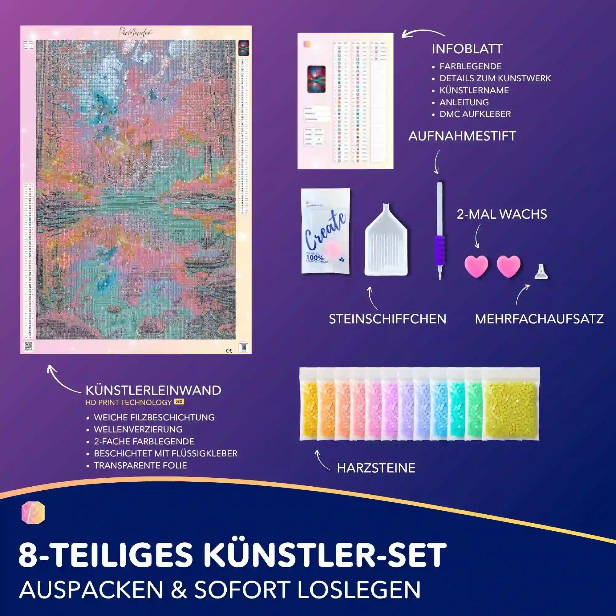 Diamond Painting Set Wenn die Welt den Atem anhält mit Leinwand, bunten Harzsteinen und Zubehör für DIY-Kunstwerke.