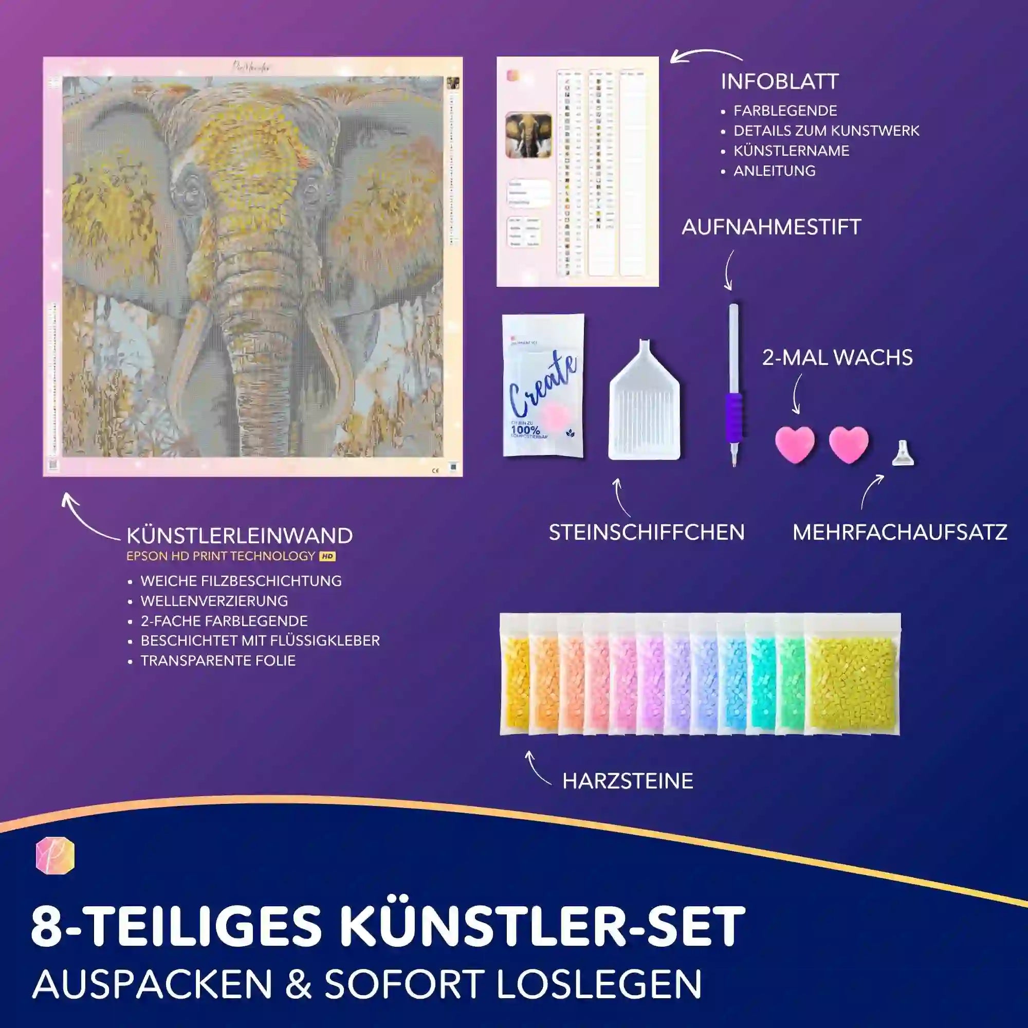 Diamond Painting Set Erbe der Erinnerung: Elefanten-Leinwand mit Goldmuster, Harzsteinen, Stift und Zubehör für DIY-Kunst