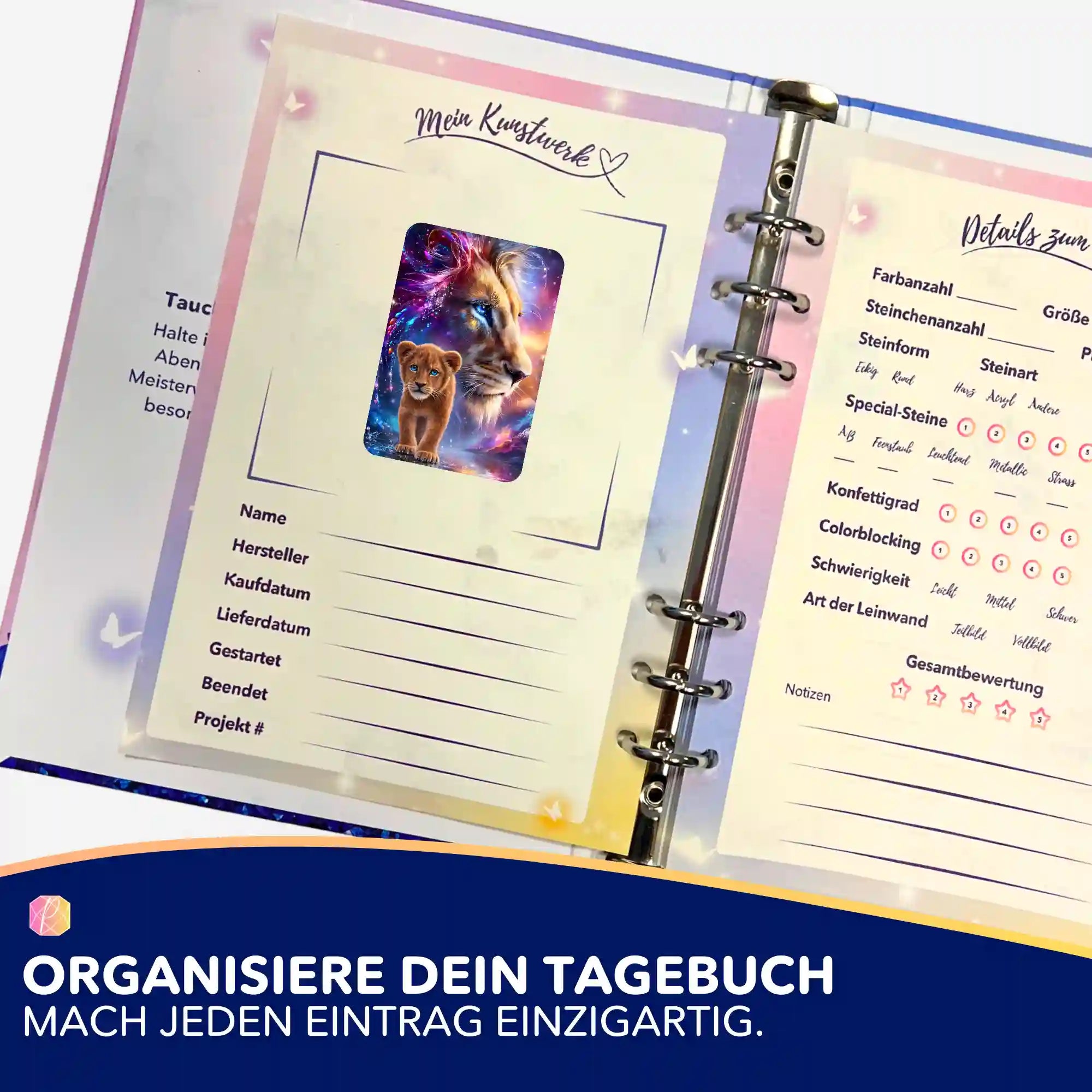 Picmondoo Aufkleber-Set für Diamond Painting Tagebuch mit Löwen-Motiv zur Organisation von DIY-Projekten