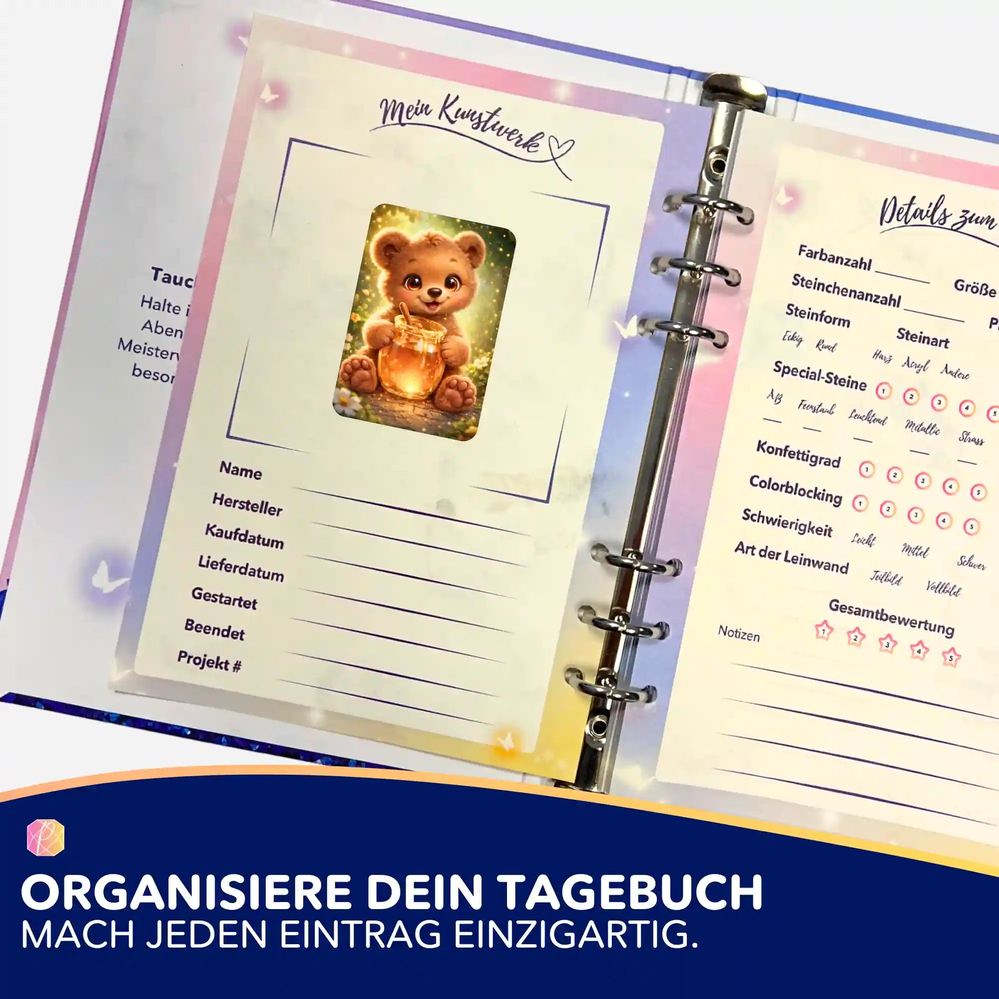 Picmondoo Sticker für Diamond Painting Tagebuch zur Organisation von Kunstwerken mit süßem Bären-Motiv