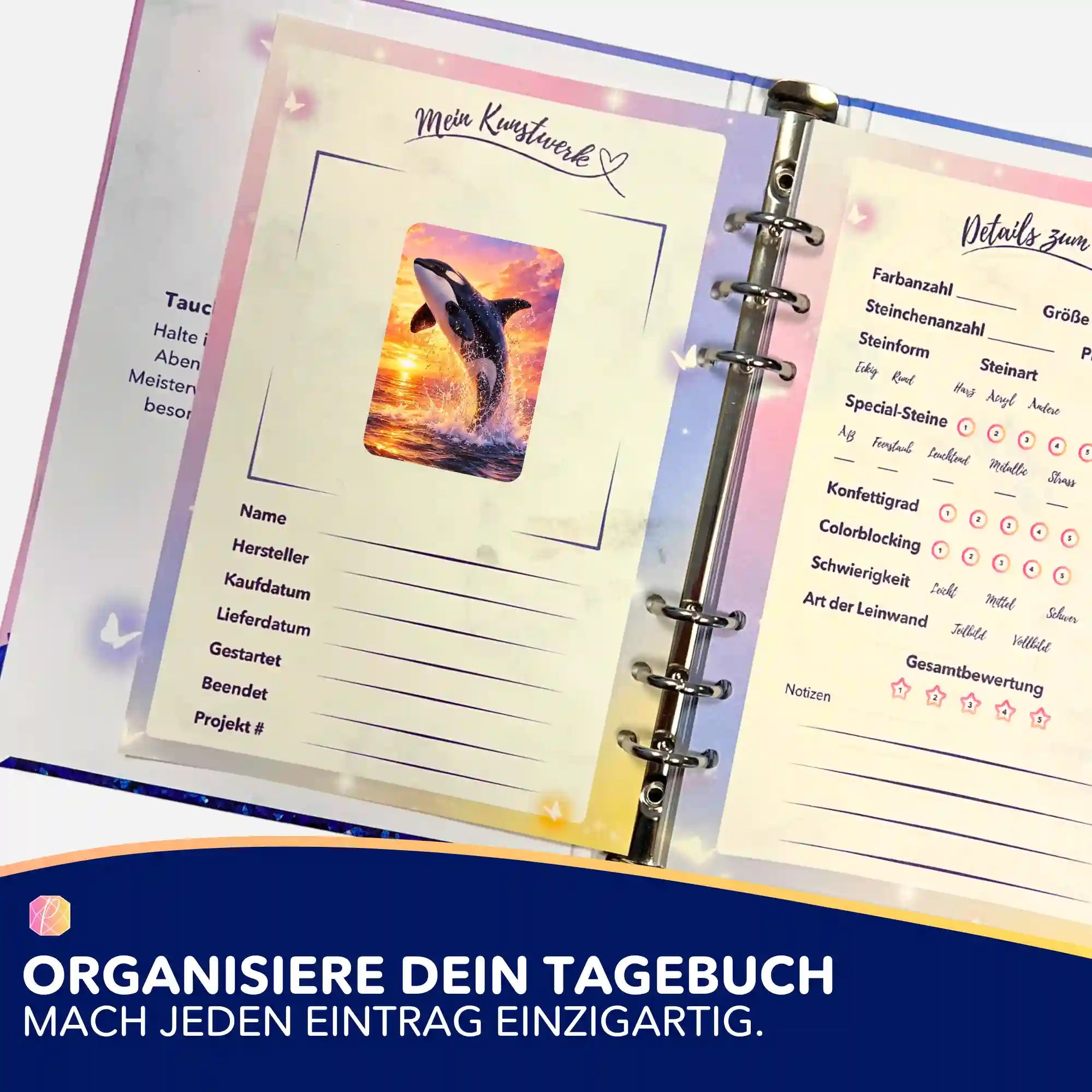 Picmondoo Sticker für Diamond Painting Tagebuch zur Dokumentation von Projektaufwand und Motivdetails eines Orcas.