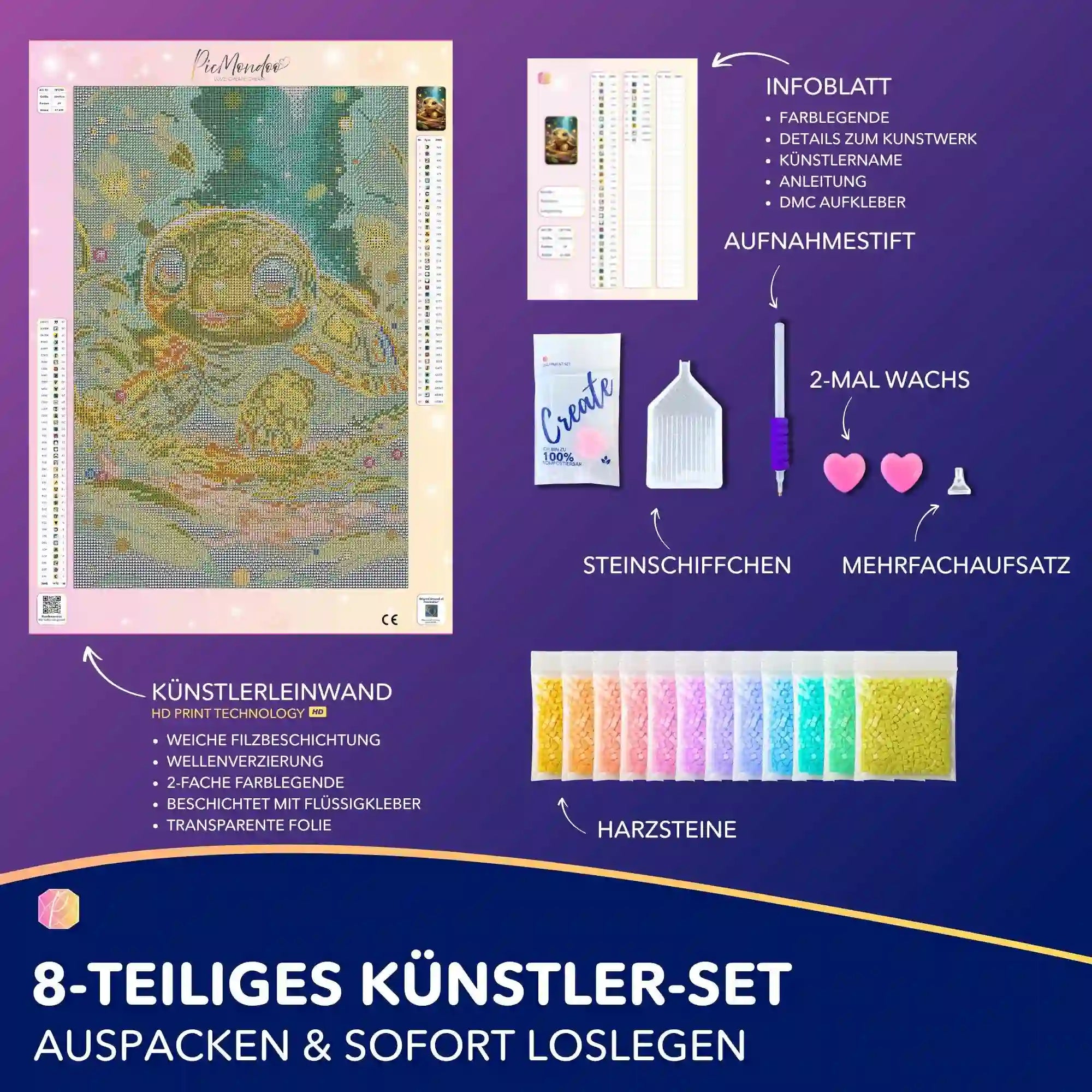 Diamond Painting Set Ein langer Weg mit Schildkröten-Motiv, Zubehör, Harzsteinen und Leinwand für kreativen Bastelspaß.