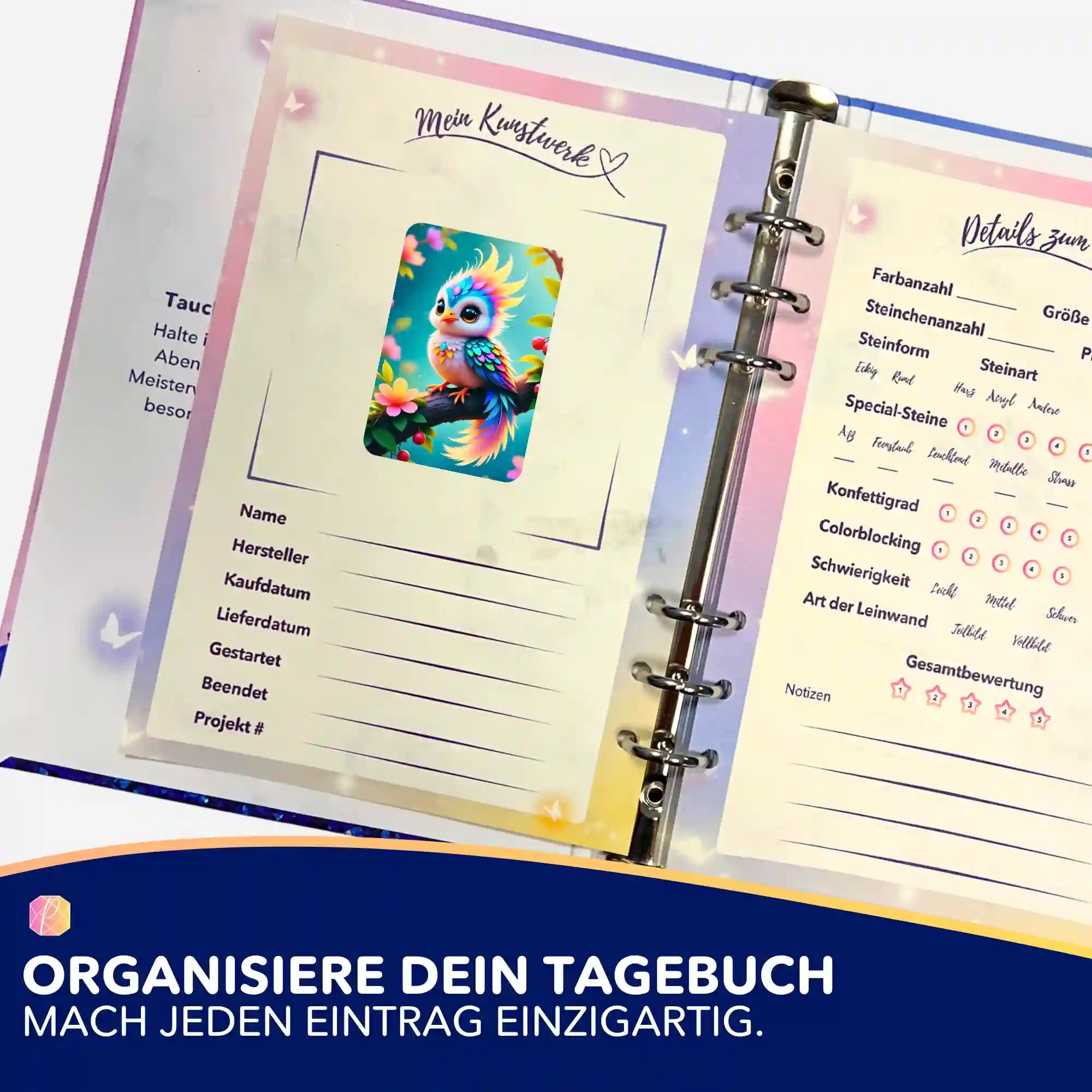 Buntes Farbenkind-Motiv als Sticker zur Organisation im Diamond Painting Tagebuch mit Projekt-Details und Bewertungsfeldern